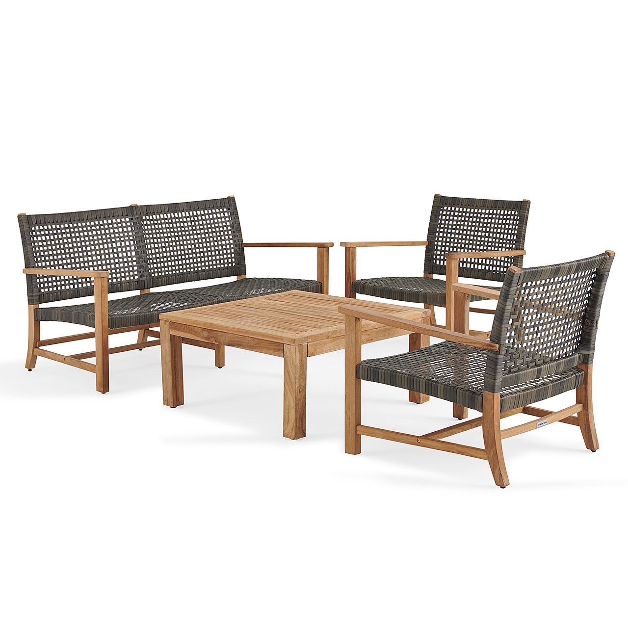 Hampton Driftwood Outdoor Wicker and Solid Teak 4 Piece Loveseat Group + 35 in. Sq. Coffee Table