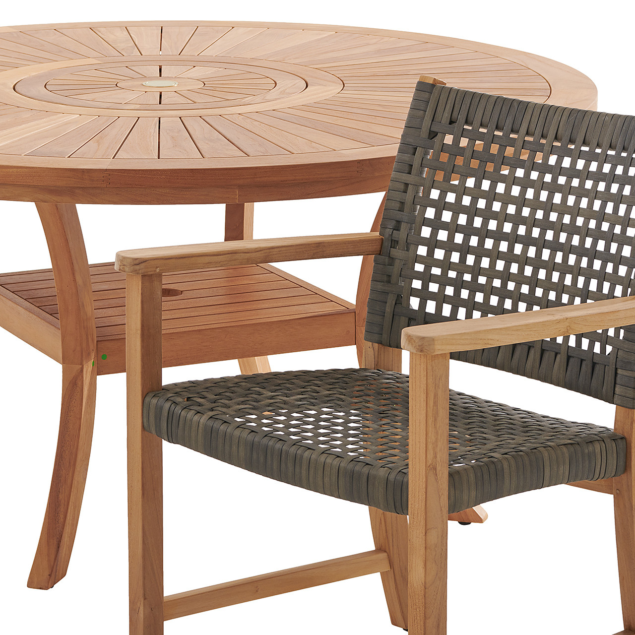 Hampton Driftwood Outdoor Wicker and Solid Teak 7 Piece Arm Dining Set + 59 in. D Table