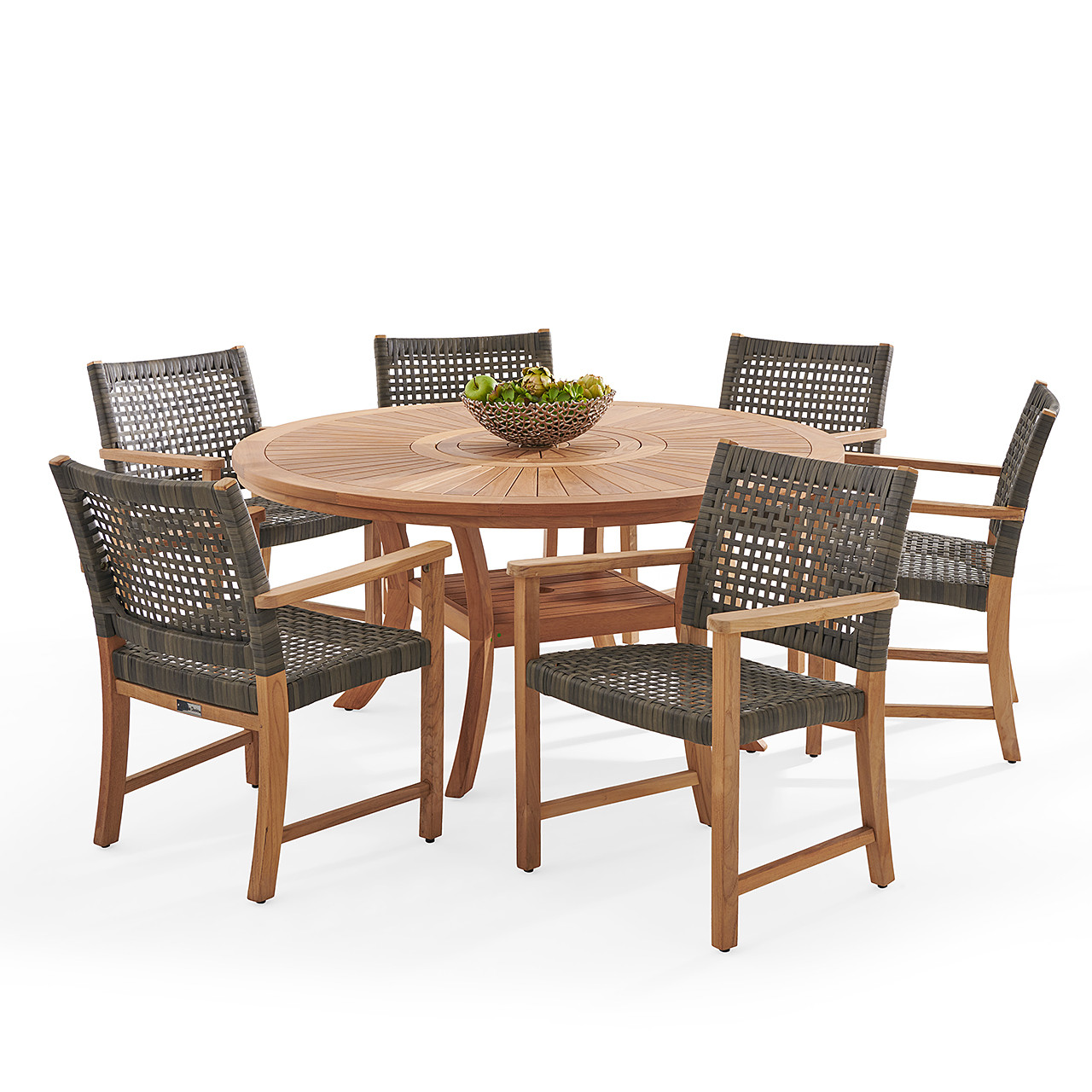 Hampton Driftwood Outdoor Wicker and Solid Teak 7 Piece Arm Dining Set + 59 in. D Table