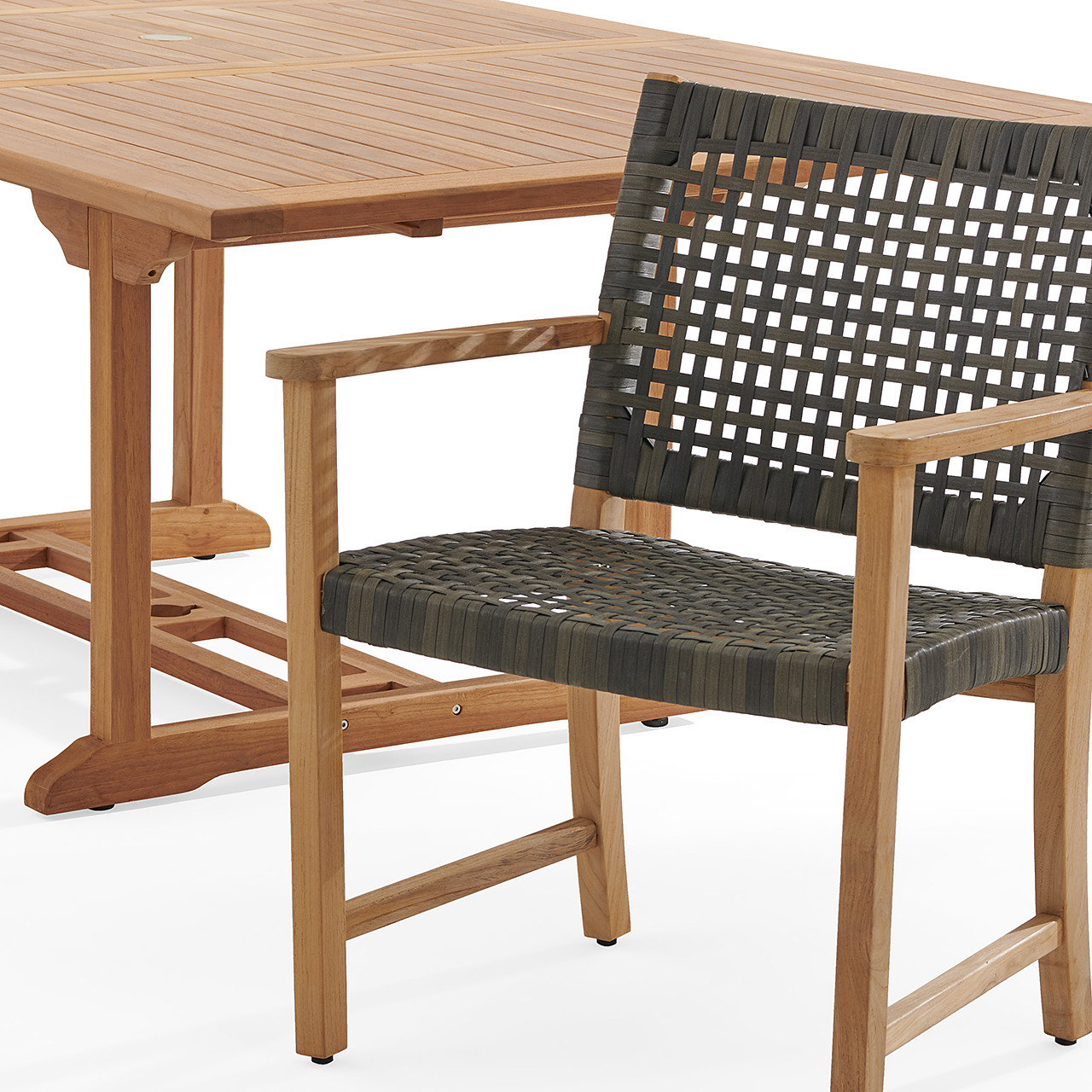 Hampton Driftwood Outdoor Wicker and Solid Teak 7 Piece Arm Dining Set + 67-87 x 47 in. Extension Table