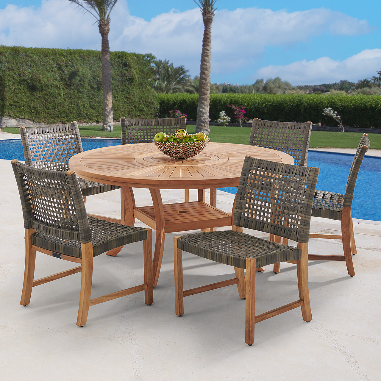 Hampton Driftwood Outdoor Wicker and Solid Teak 7 Piece Side Dining Set + 59 in. D Table