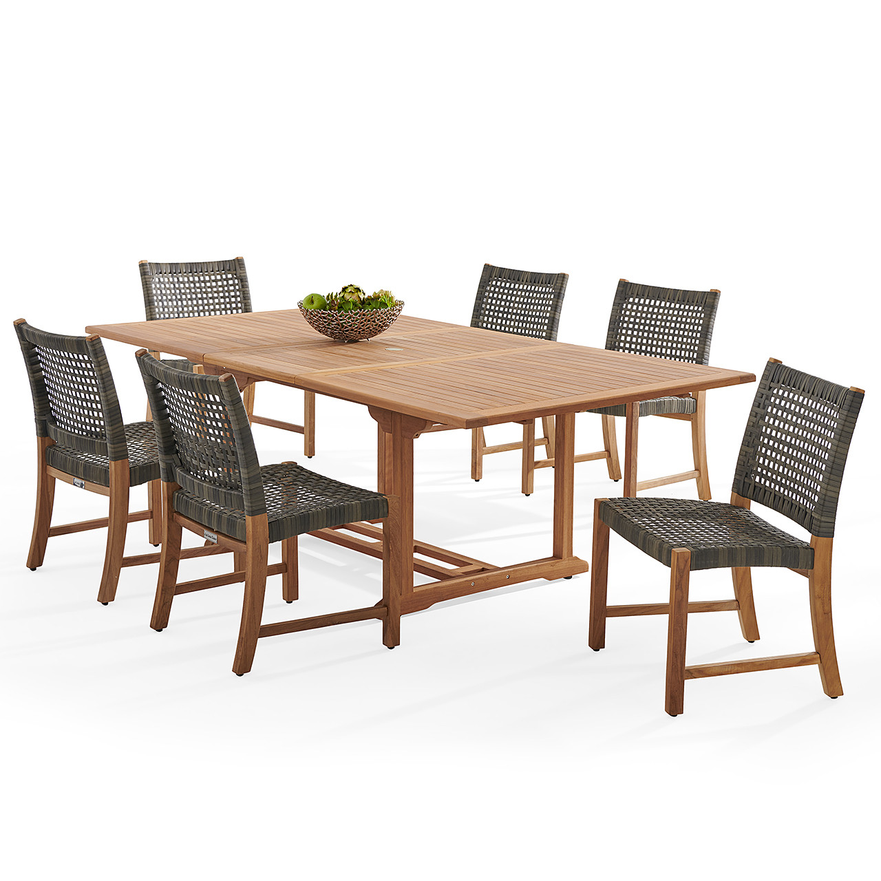 Hampton Driftwood Outdoor Wicker and Solid Teak 7 Piece Side Dining Set + 67-87 x 47 in. Extension Table