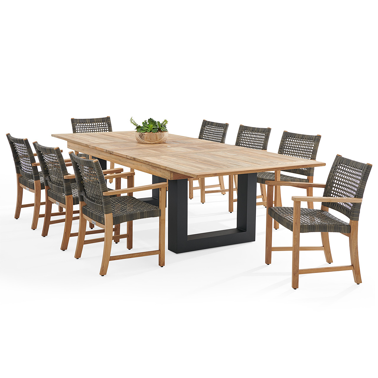 Hampton Driftwood Outdoor Wicker and Solid Teak 9 Piece Arm Dining Set + 87-118 x 47 in. Balencia Extension Table