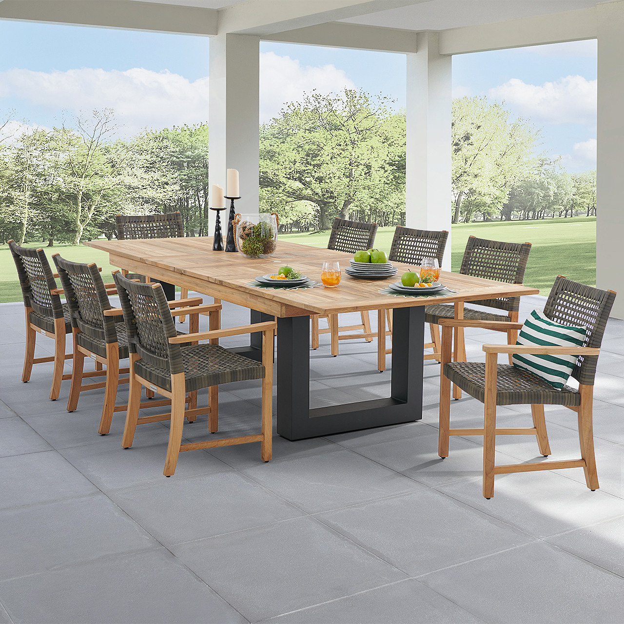 Hampton Driftwood Outdoor Wicker and Solid Teak 9 Piece Arm Dining