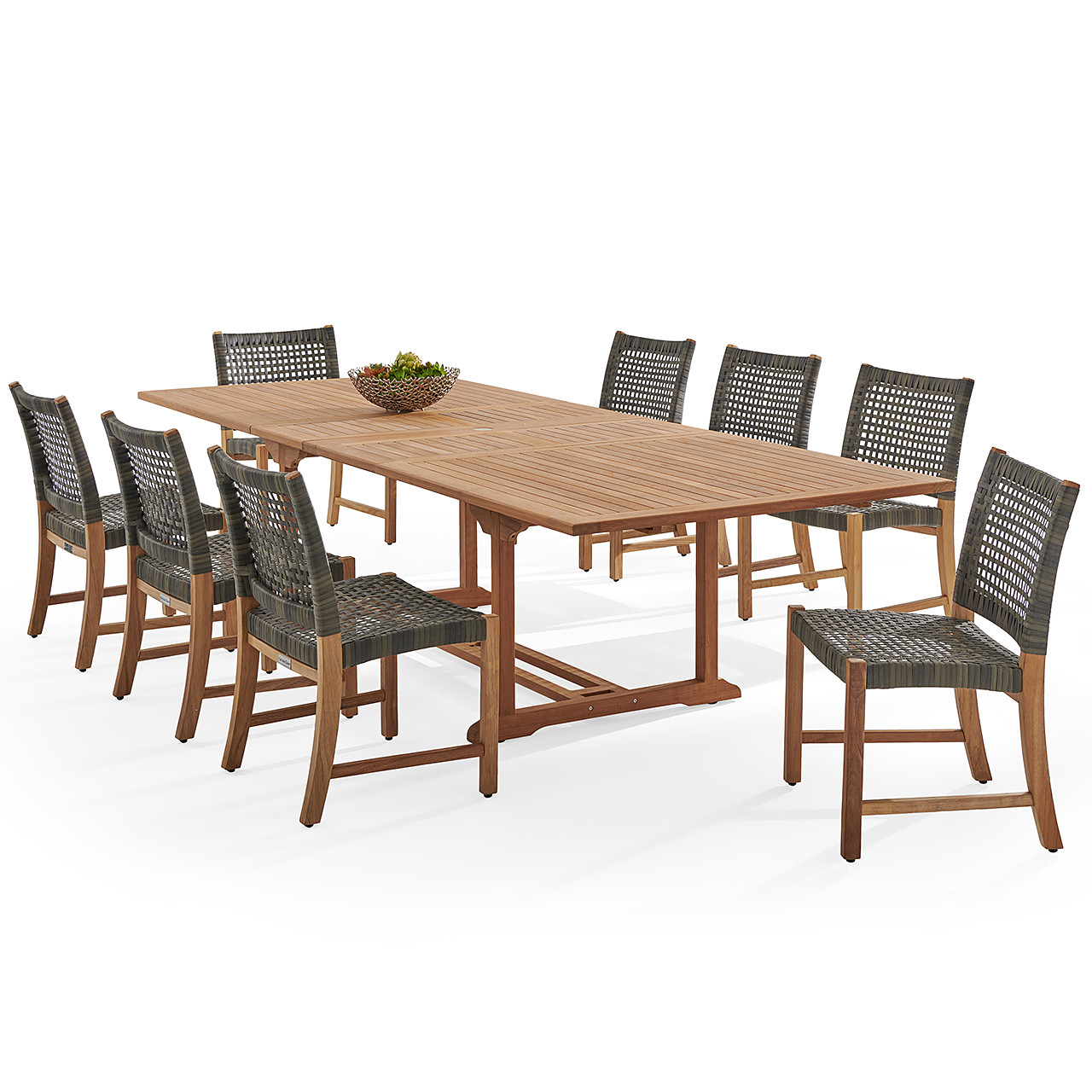 Hampton Driftwood Outdoor Wicker and Solid Teak 9 Piece Side Dining Set + 87-118 x 47 in. Bristol Extension Table