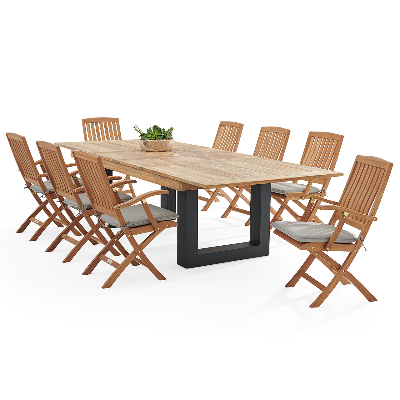 Westport Teak with Cushions 9 Piece Arm Dining Set + Balencia 87-118 x 47 in. Double Extension Table