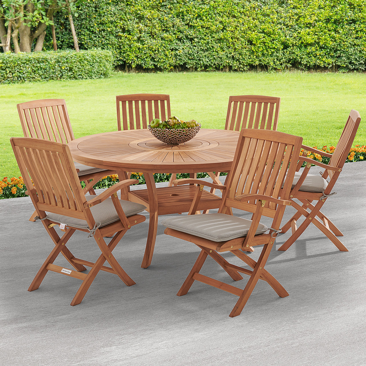 Westport Teak with Cushions 7 Piece Arm Dining Set + Bristol 59 in. D Table