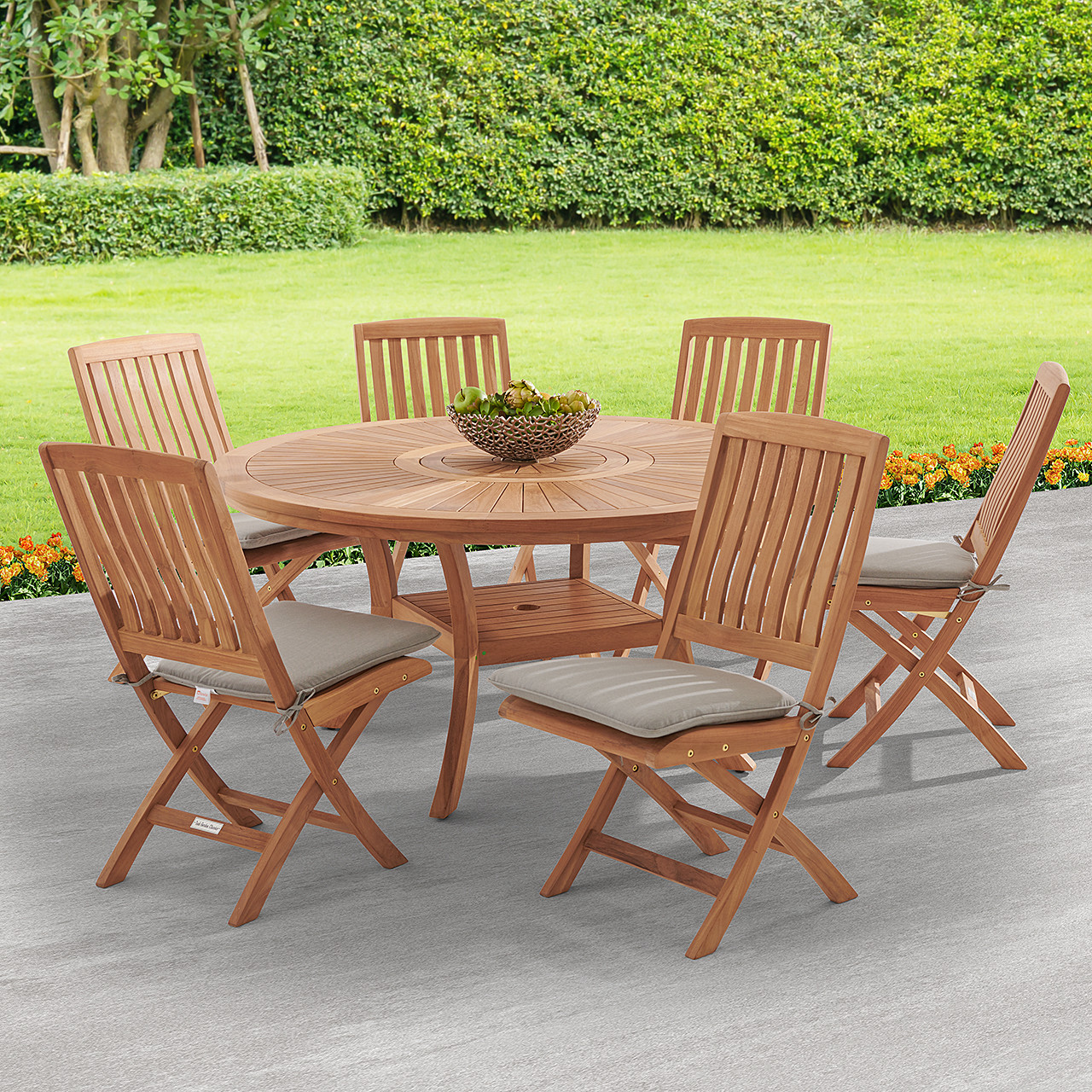 Westport Teak with Cushions 7 Piece Armless Dining Set + Bristol 59 in. D Table