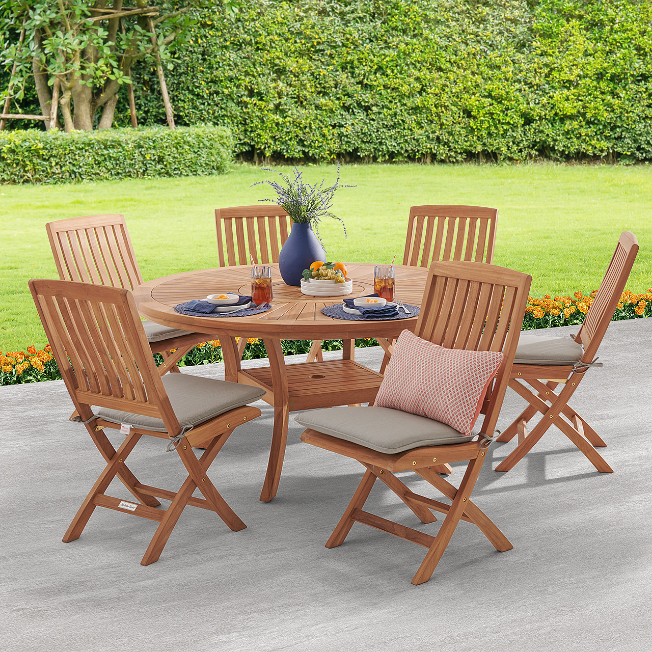 Westport Teak with Cushions 7 Piece Armless Dining Set + Bristol 59 in. D Table