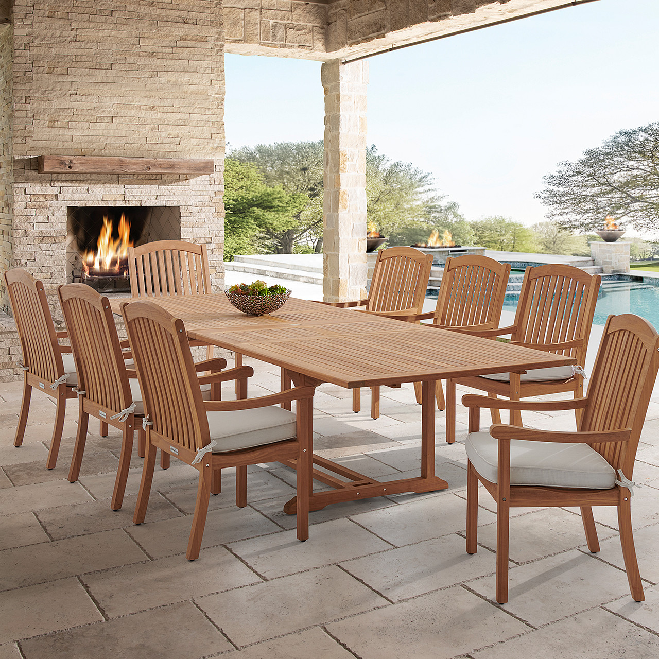 Eastchester Teak with Cushions 9 Piece Dining Set + Bristol 87-118 x 47 in. Extension Table