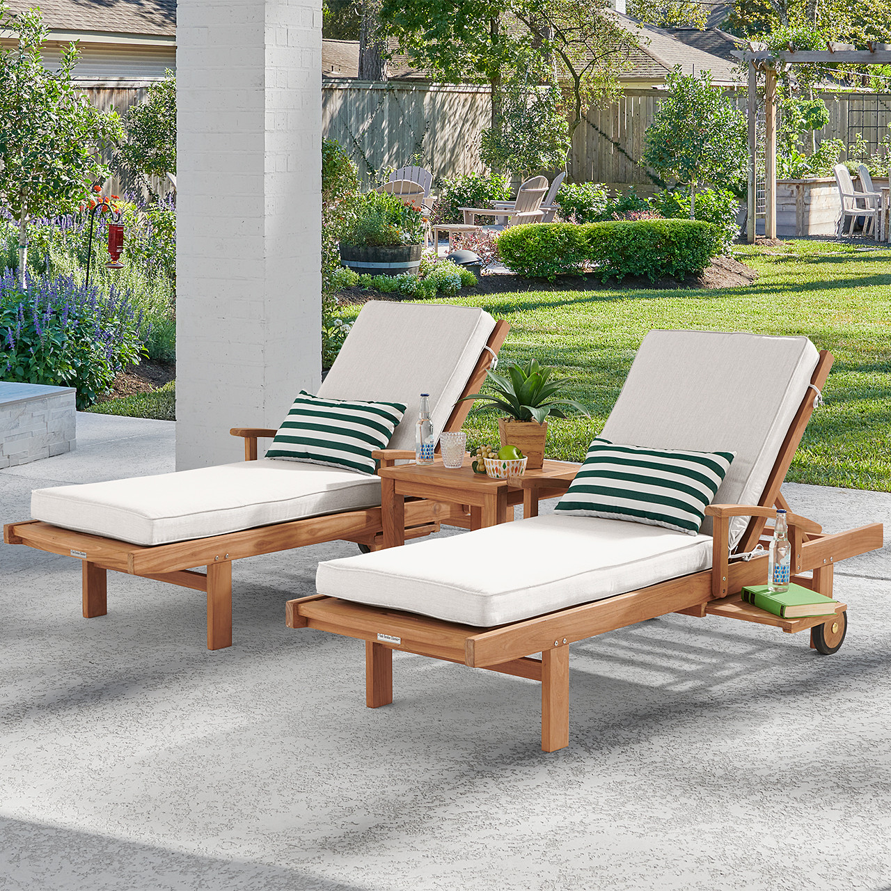 Eastchester Natural Stain Solid Teak With Cushions 3 Piece Chaise Lounge Set + 20 in. sq. Side Table