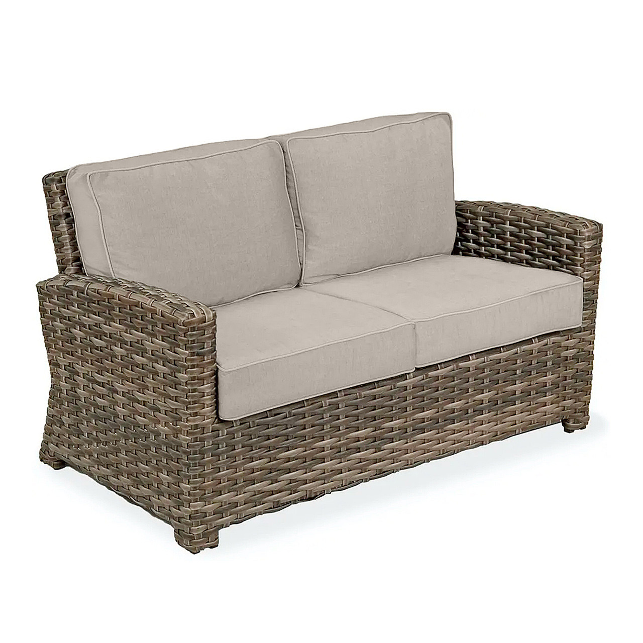 Contempo Husk Outdoor Wicker with Cushions 4 Piece Loveseat Group + 32 in. Sq. Glass Top Coffee Table