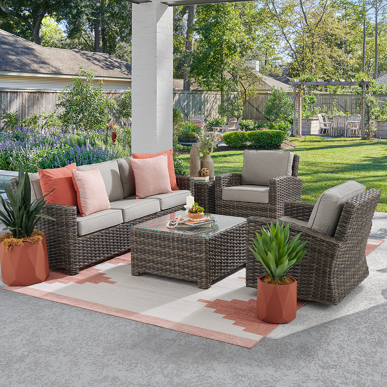 Contempo Husk Outdoor Wicker with Cushions 4 Piece Swivel Sofa Group + 32 in. Sq. Glass Top Coffee Table