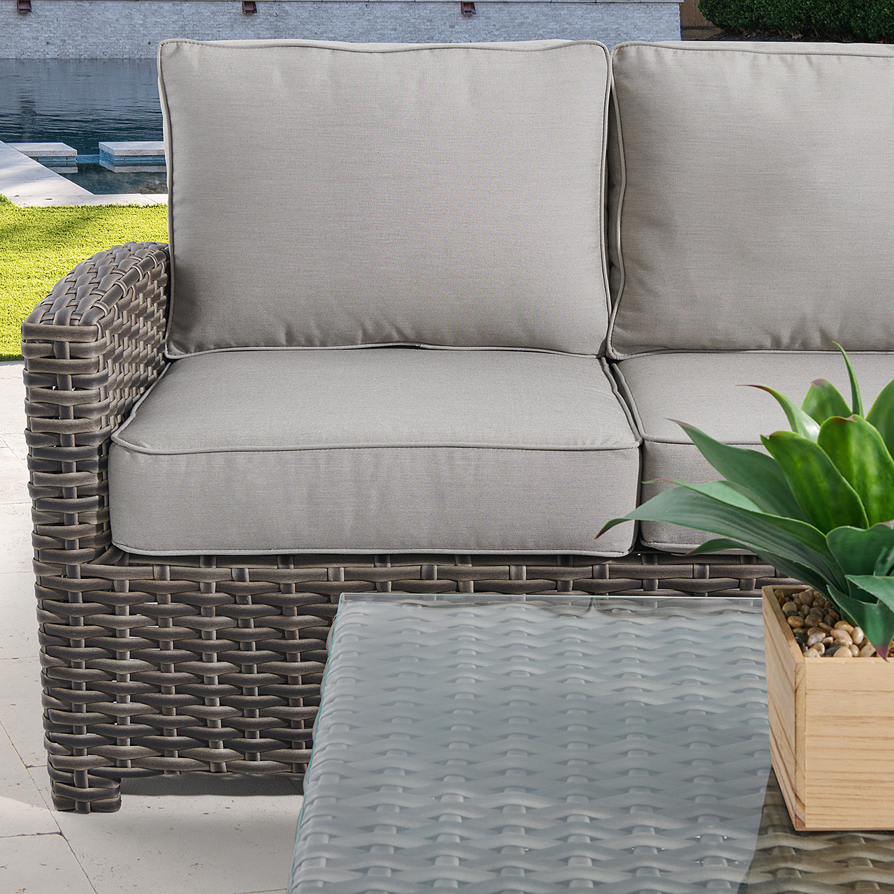 Contempo Husk Outdoor Wicker with Cushions 4 Piece Swivel Sofa Group + 32 in. Sq. Glass Top Coffee Table