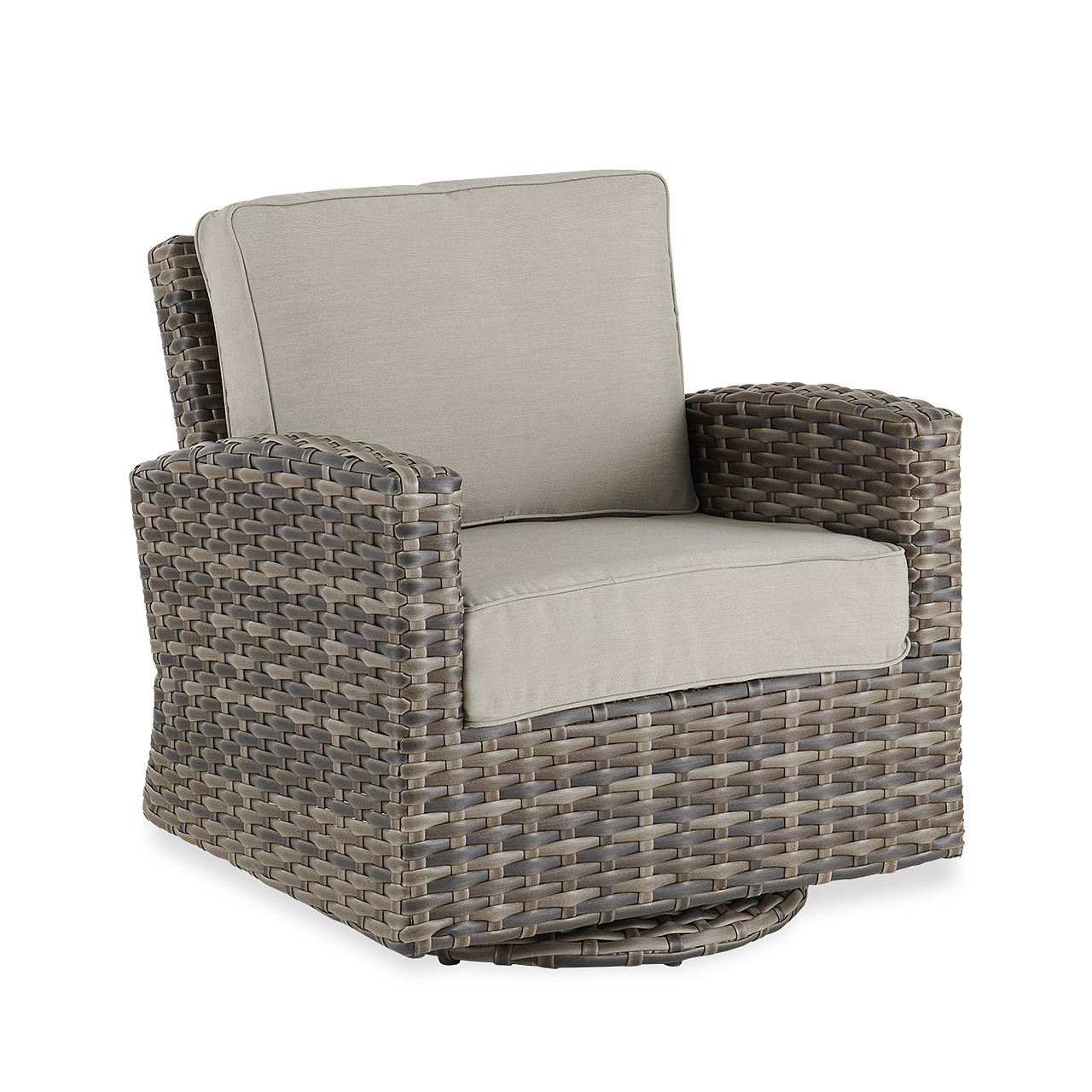 Contempo Husk Outdoor Wicker with Cushions 4 Piece Swivel Sofa Group + 32 in. Sq. Glass Top Coffee Table