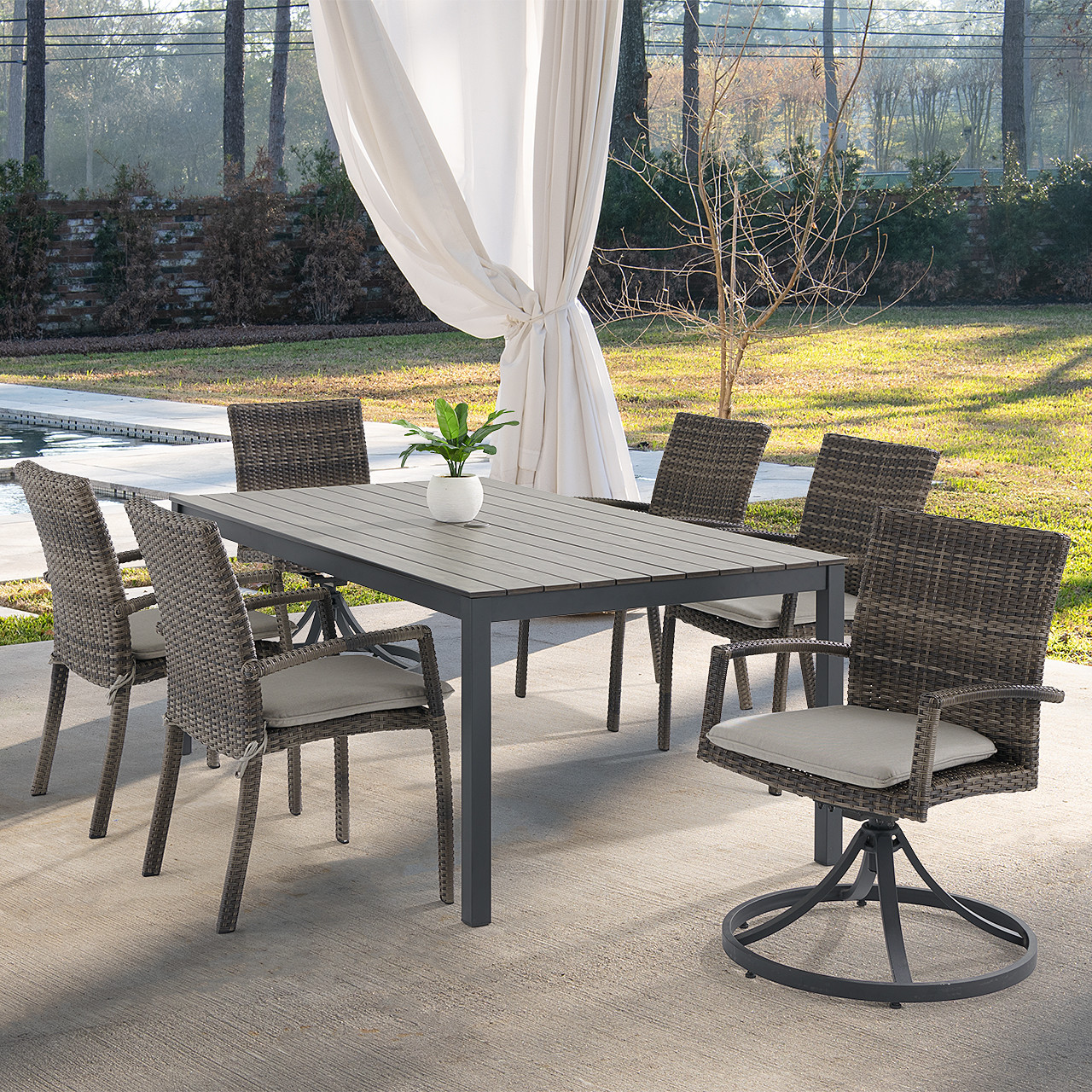 Contempo Husk Outdoor Wicker with Cushions 7 Piece Swivel Combo Dining Set + 72 x 41 in. Table