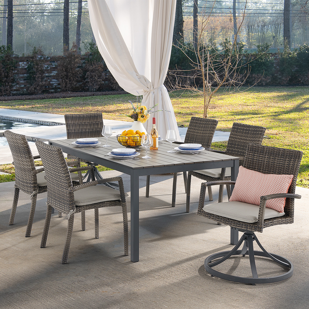 Contempo Husk Outdoor Wicker with Cushions 7 Piece Swivel Combo Dining Set + 72 x 41 in. Table