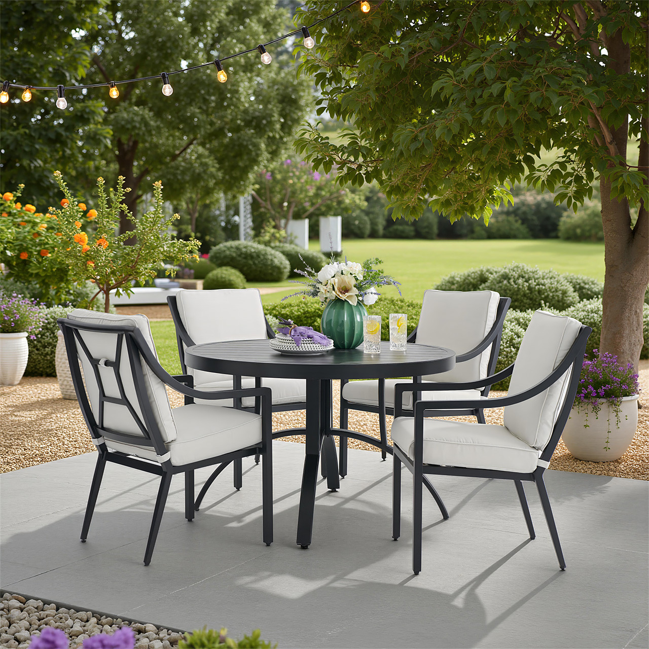 Hill Country Aged Bronze Aluminum and Cushion 5 Piece Dining Set + 48 in. D Table -