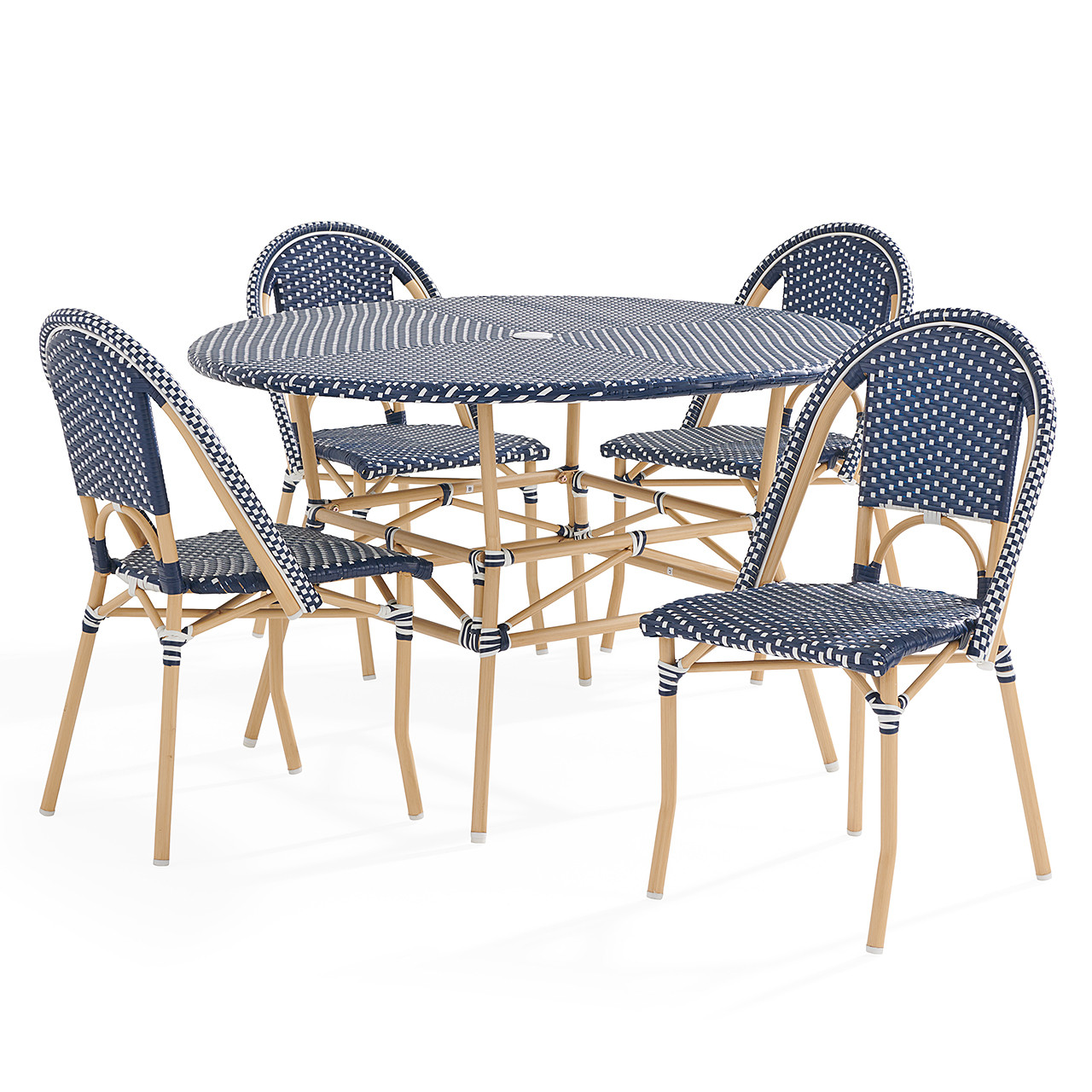 Parisian Cafe Cane Aluminum with Wicker 5 Piece Side Dining Set + 48 in. D Table