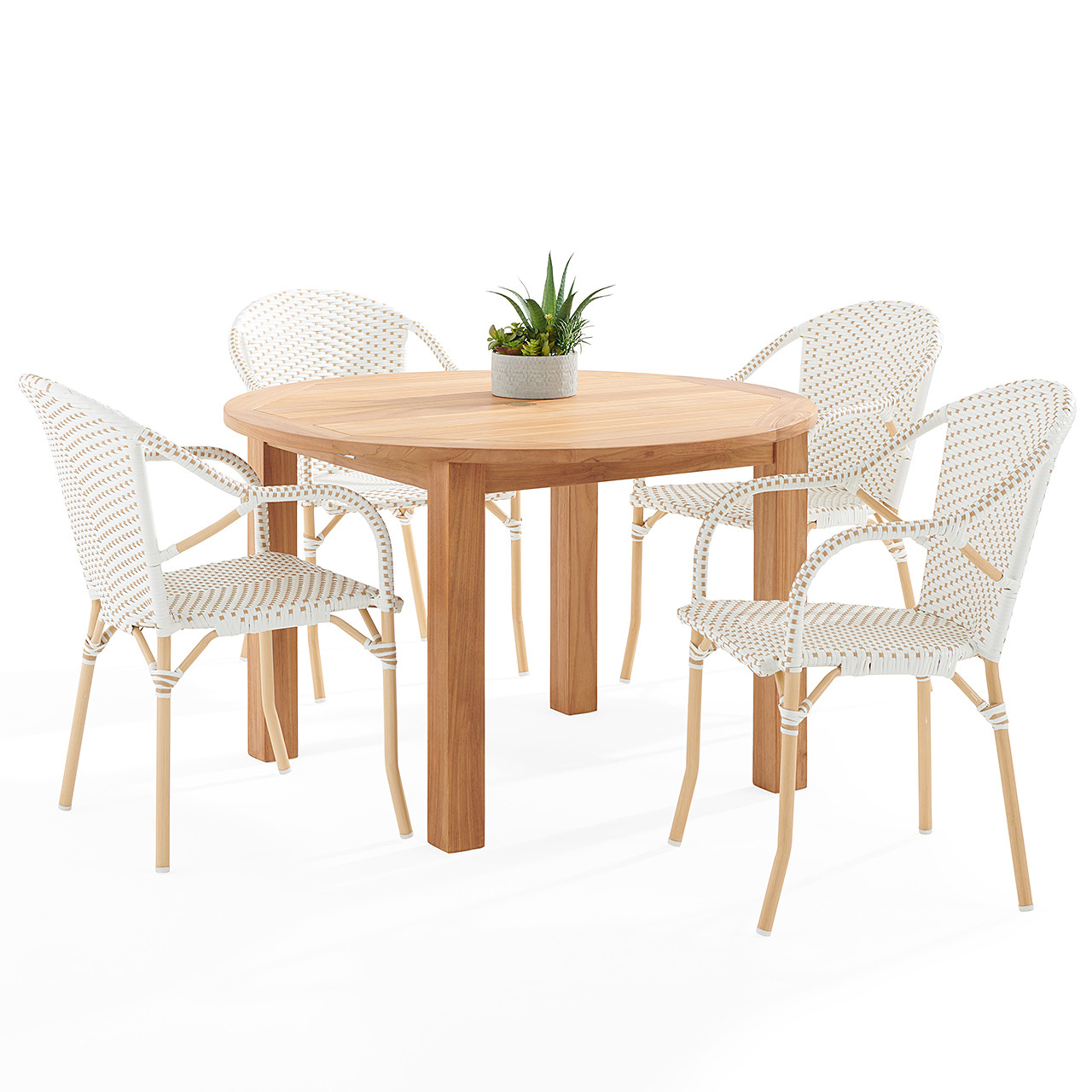 Parisian Cafe Cane Aluminum with Maple and White Outdoor Wicker 5 Piece Arm Dining Set + 48 in. D Teak Table