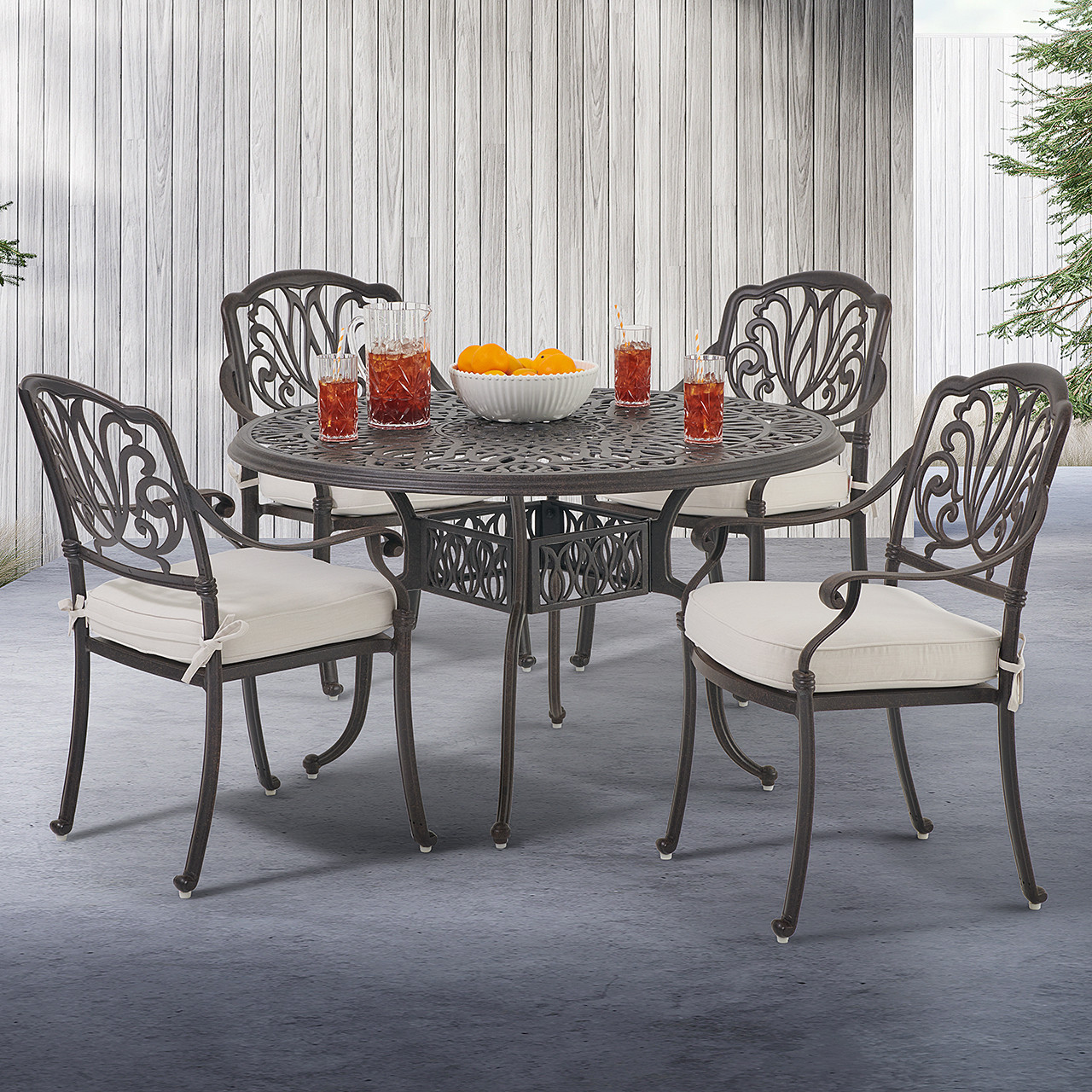 Cadiz Aged Bronze Cast Aluminum with Cushions 5 Piece Dining Set + 48 in. D Table -