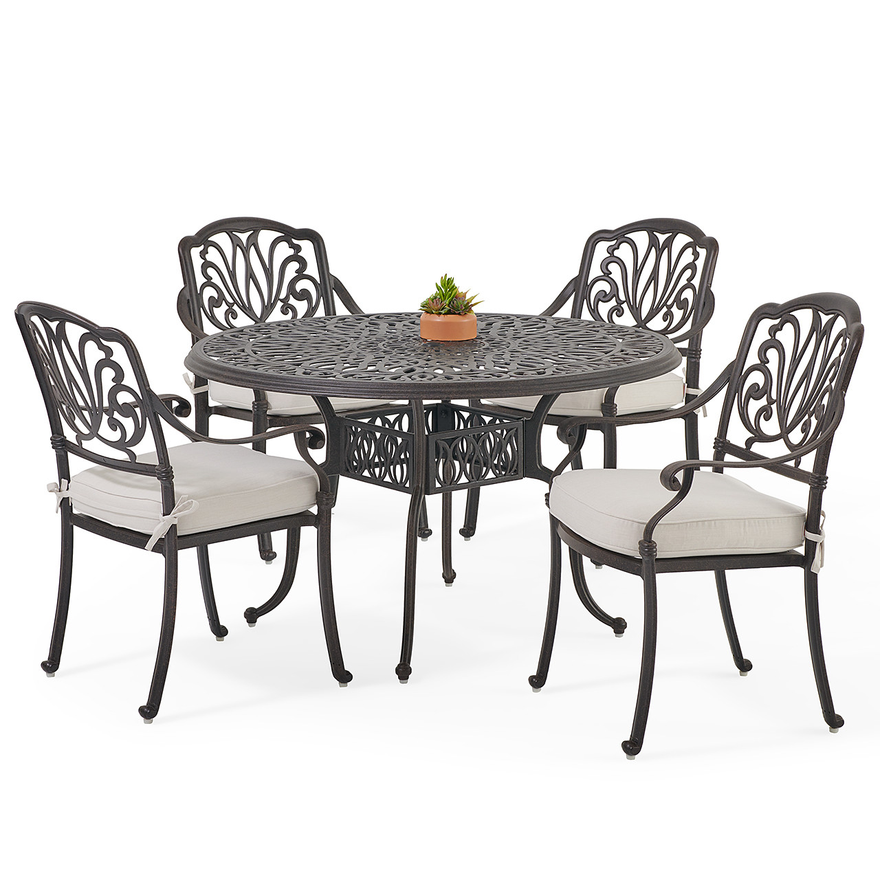 Cadiz Aged Bronze Cast Aluminum with Cushions 5 Piece Dining Set + 48 in. D Table -