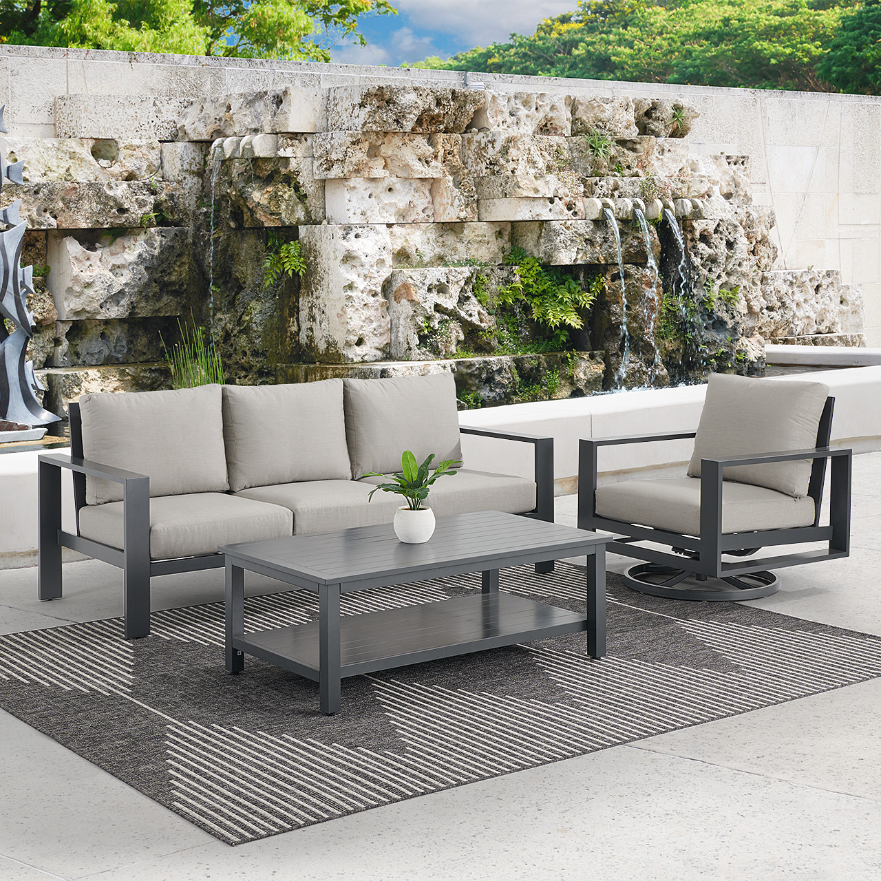 Soho Slate Grey Aluminum with Cushions 3 Piece Swivel Sofa Group +