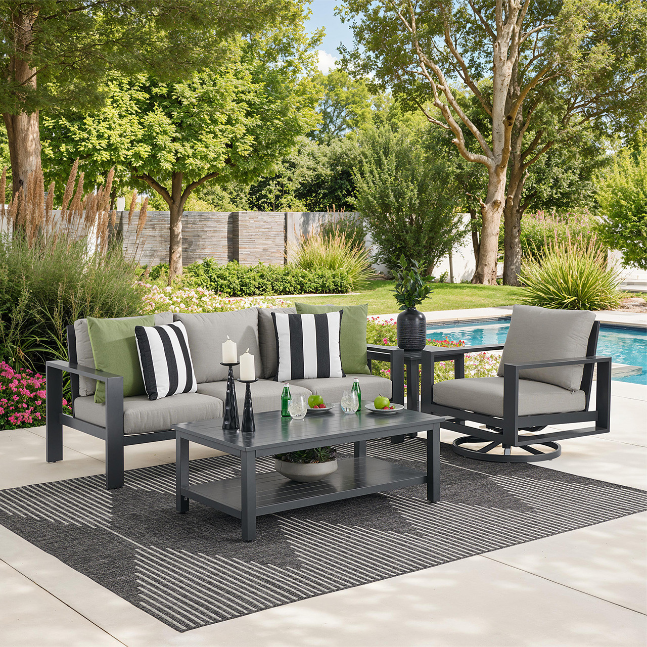 Soho Slate Grey Aluminum with Cushions 3 Piece Swivel Sofa Group +