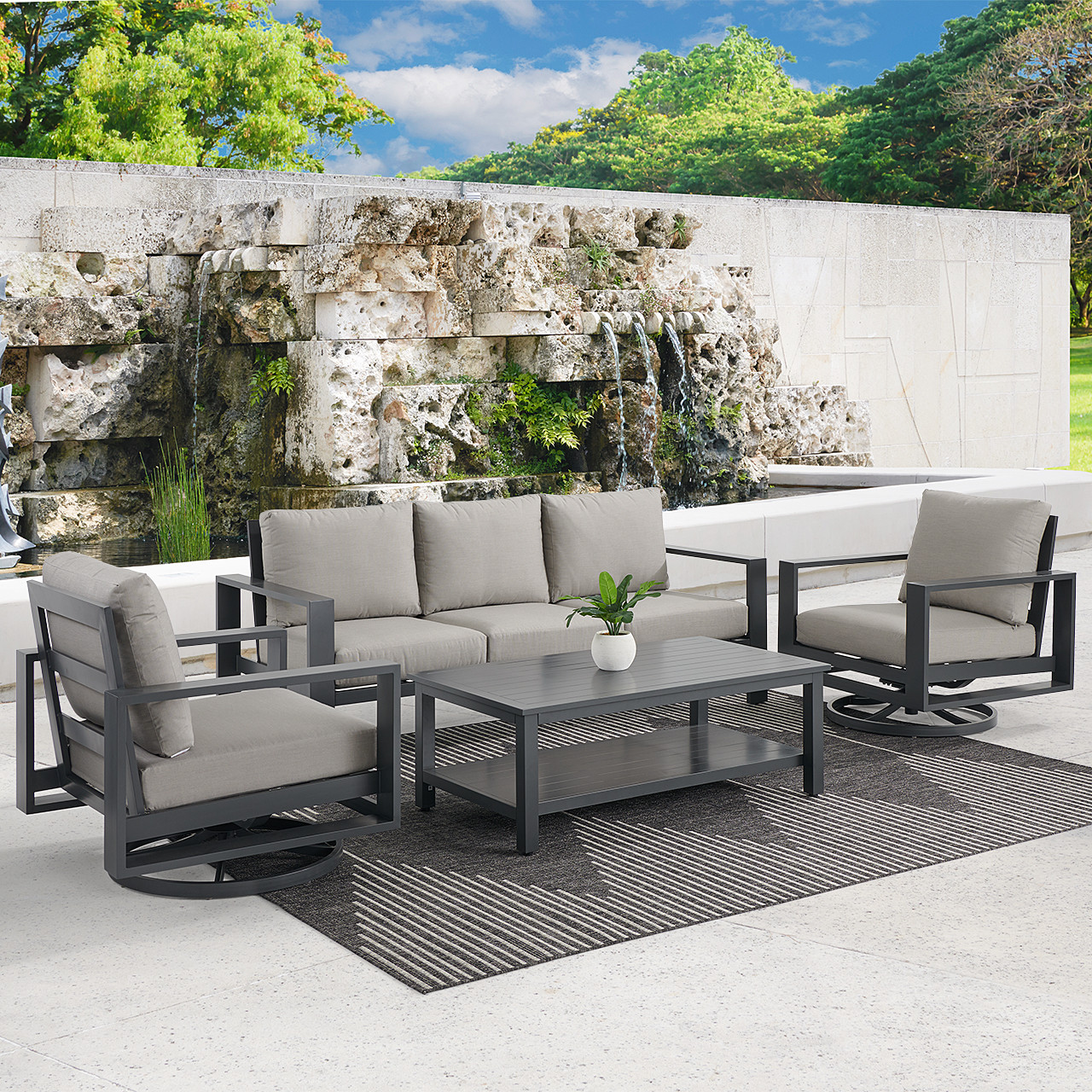 Soho Slate Grey Aluminum with Cushions 4 Pc. Swivel Sofa Group + 50 x 28 in. Coffee Table