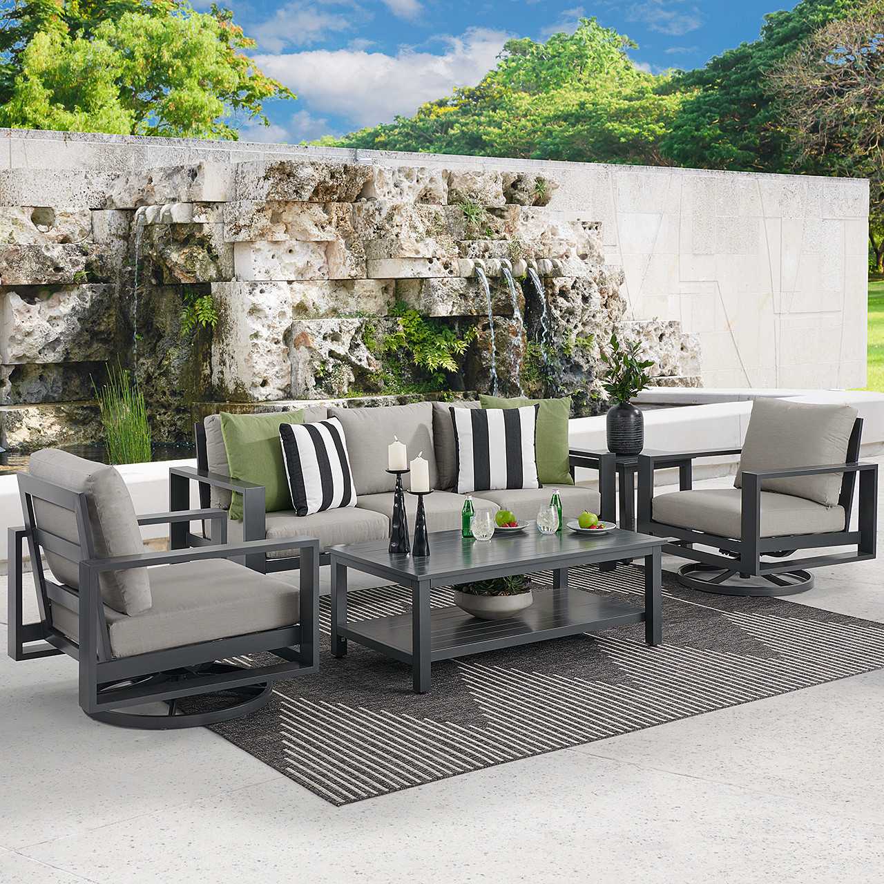 Soho Slate Grey Aluminum with Cushions Piece Swivel Sofa Group 50 x 28 Coffee Table