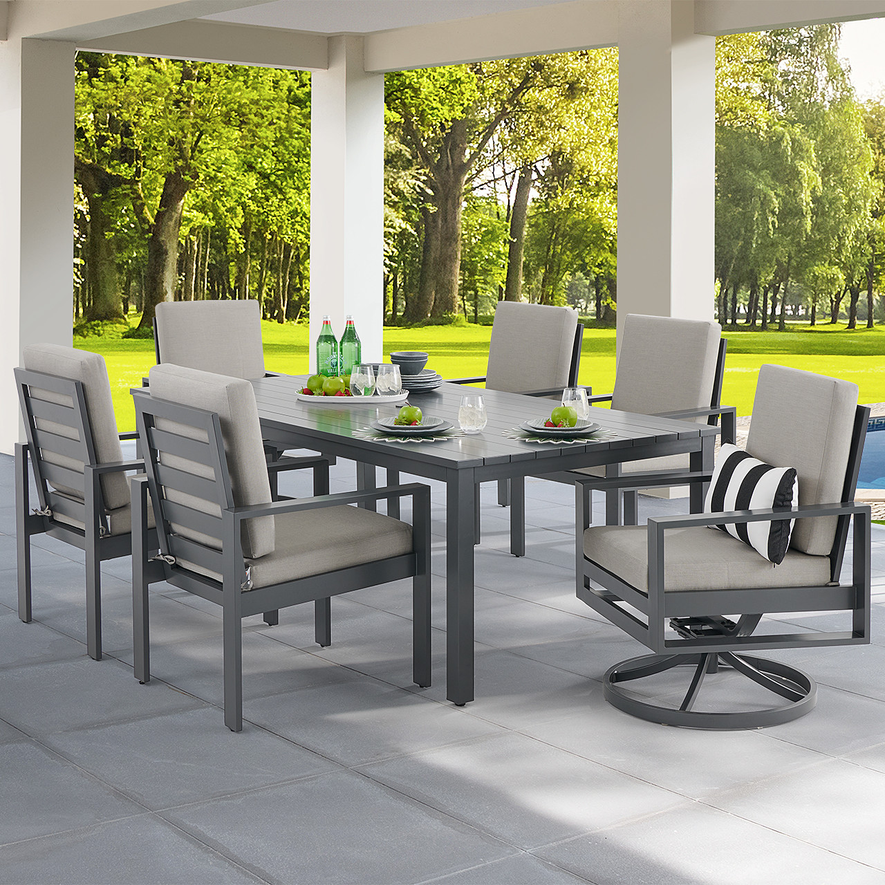 Soho Slate Grey Aluminum with Cushions Piece Combo Dining Set 84 x 44 Slat Top Table