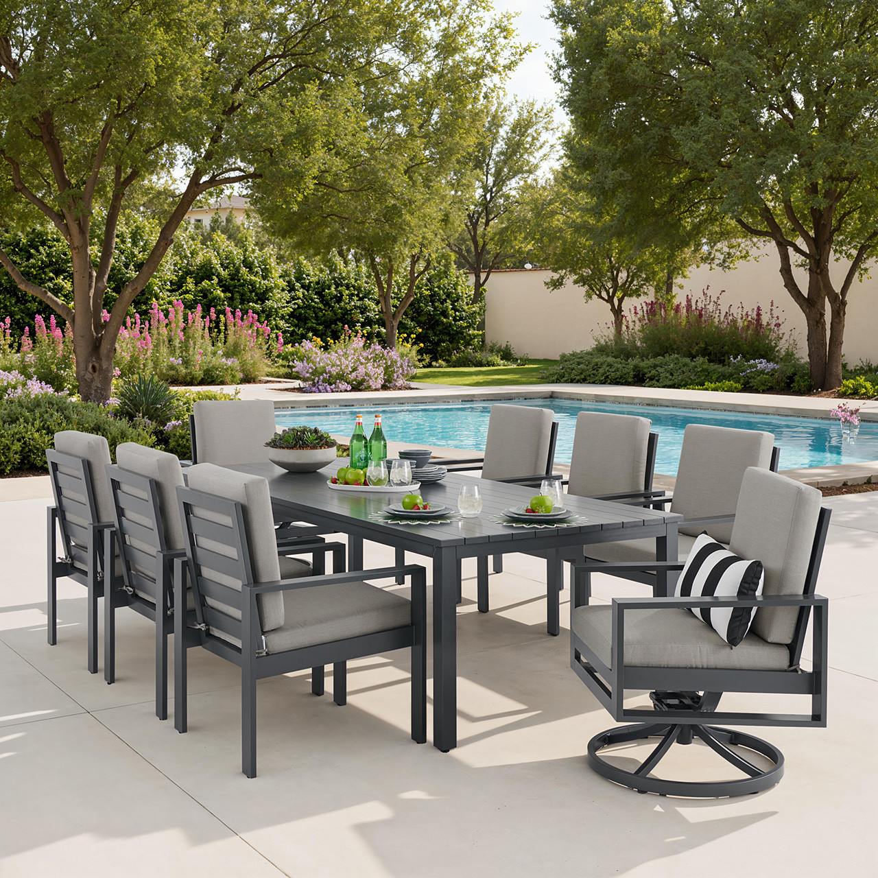 Soho Slate Grey Aluminum with Cushions 9 Piece Combo Dining Set +