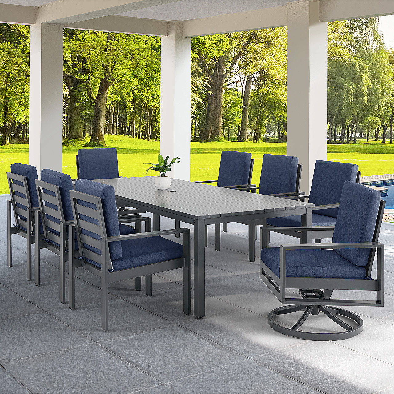 Soho Slate Grey Aluminum with Cushions 9 Piece Combo Dining Set + 100 x 44 in. Rect. Slat Top Table