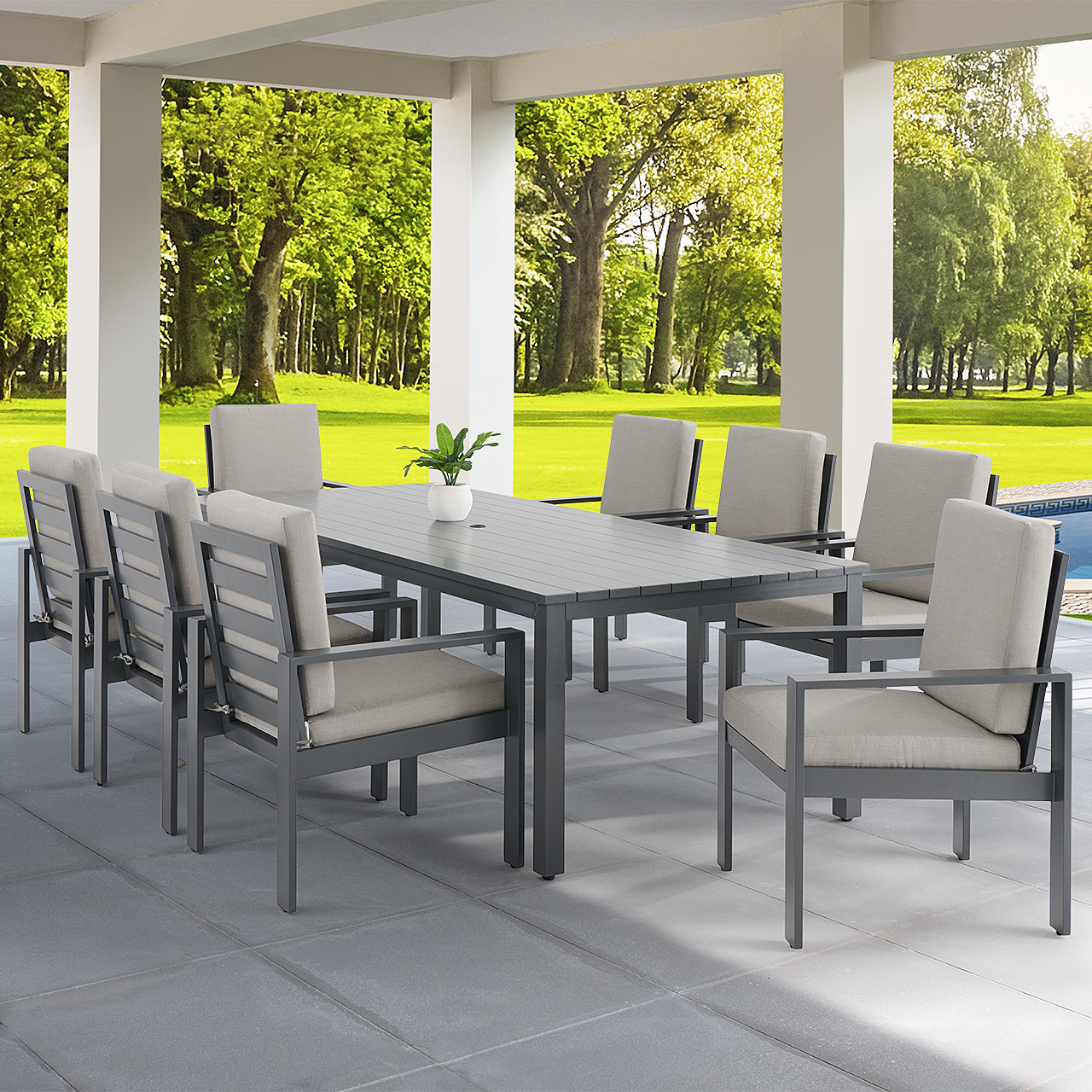 Soho Slate Grey Aluminum with Cushions Piece Dining Set 100 x 44  Slat Top Table