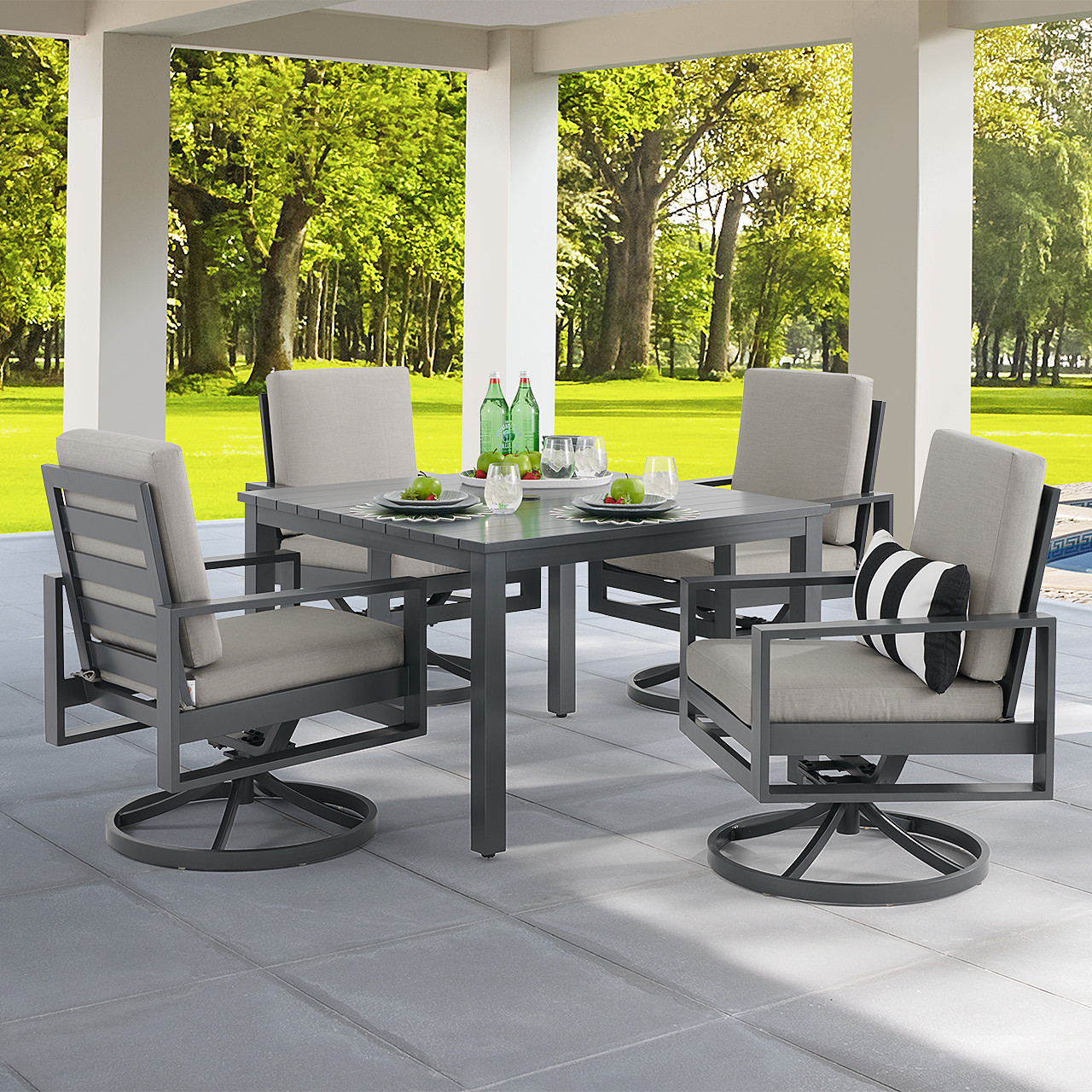 Soho Slate Grey Aluminum with Cushions 5 Piece Swivel Dining Set + 46 in. Sq. Slat Top Table