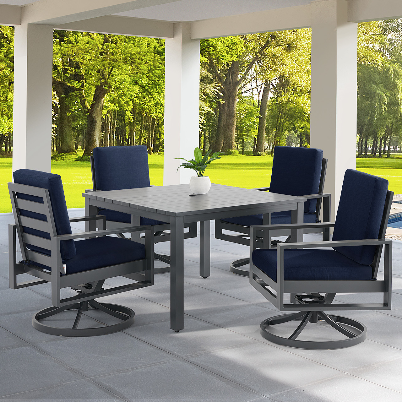 Soho Slate Grey Aluminum with Cushions 5 Piece Swivel Dining Set + 46 in. Sq. Slat Top Table