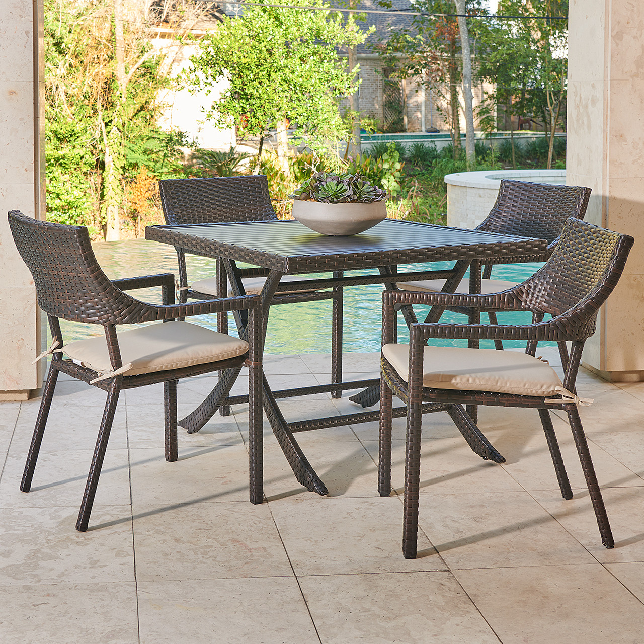 Terrace Dark Elm Outdoor Wicker with Cushions 5 Piece Dining Set + 42 in. Sq. Table