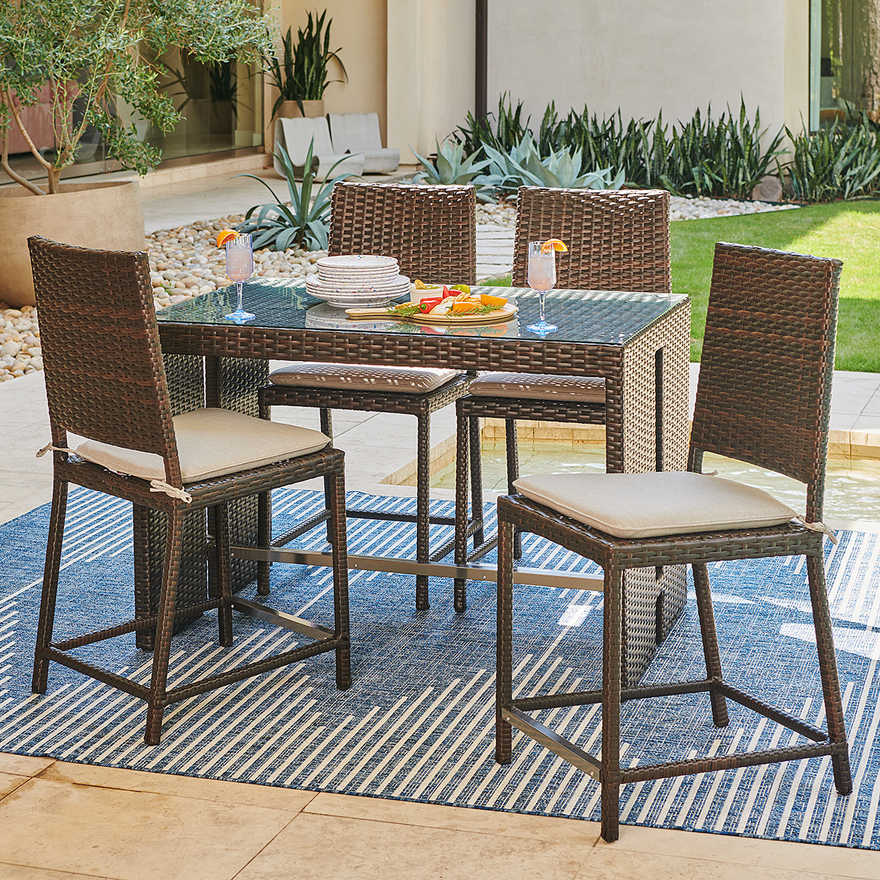 Terrace Outdoor Wicker with Cushions 5 Piece Gathering Set + 50 x 32 in. Glass Top Table