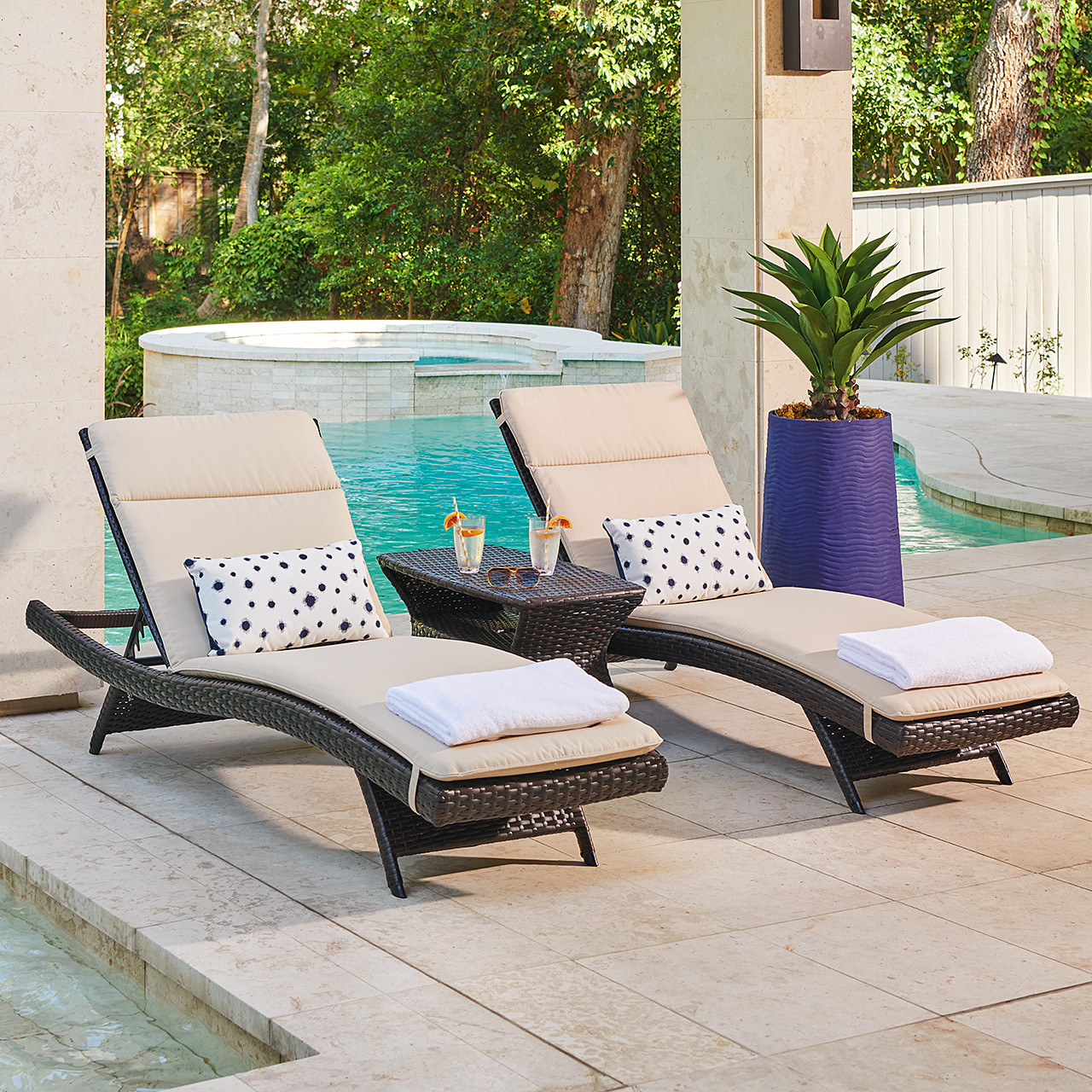 Terrace Outdoor Wicker with Cushions 3 Piece Contour Chaise Set + 32 x 18 in. Side Table