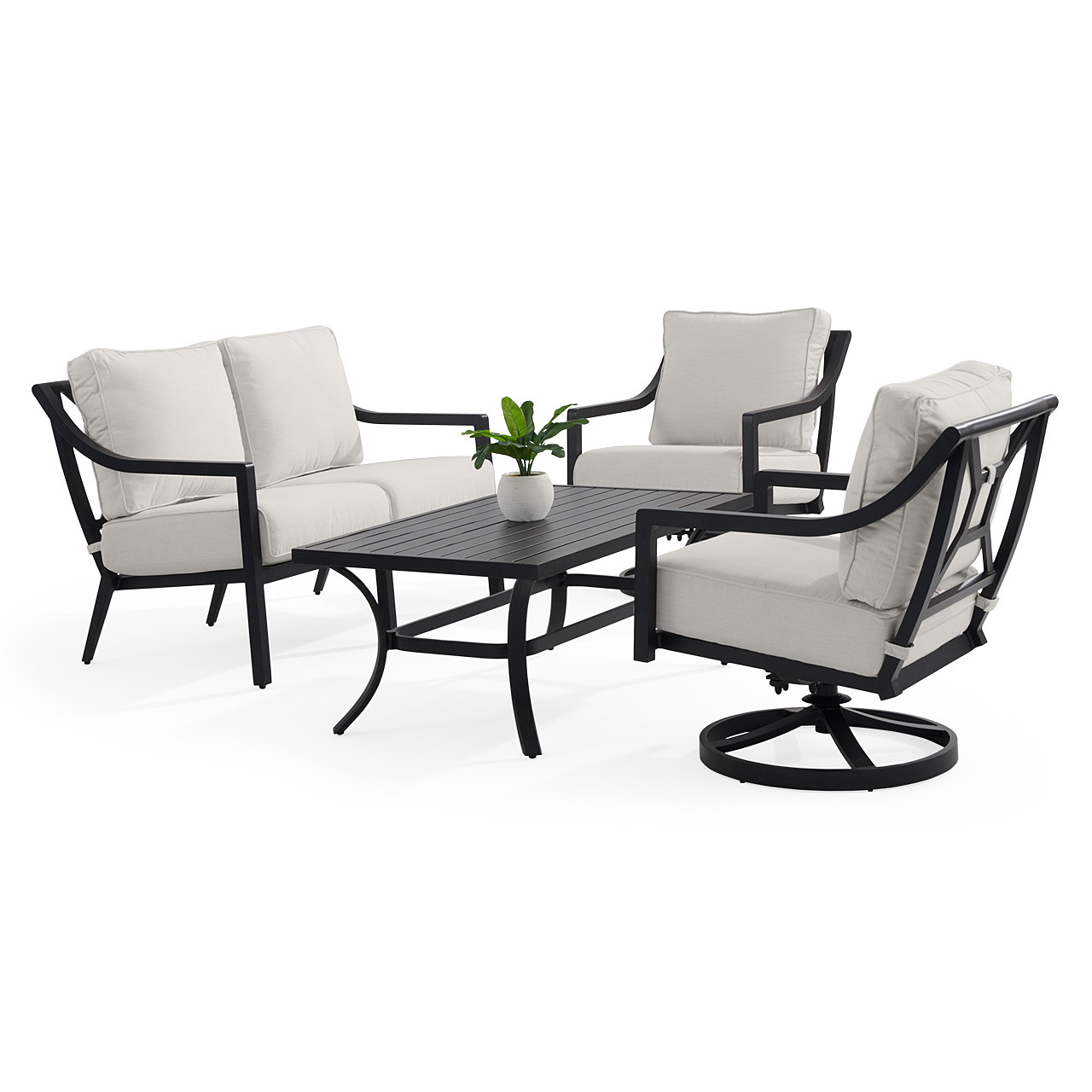 Hill Country Aged Bronze Aluminum and Cushion 4 Piece Swivel Loveseat Group + 48 x 28 in. Coffee Table