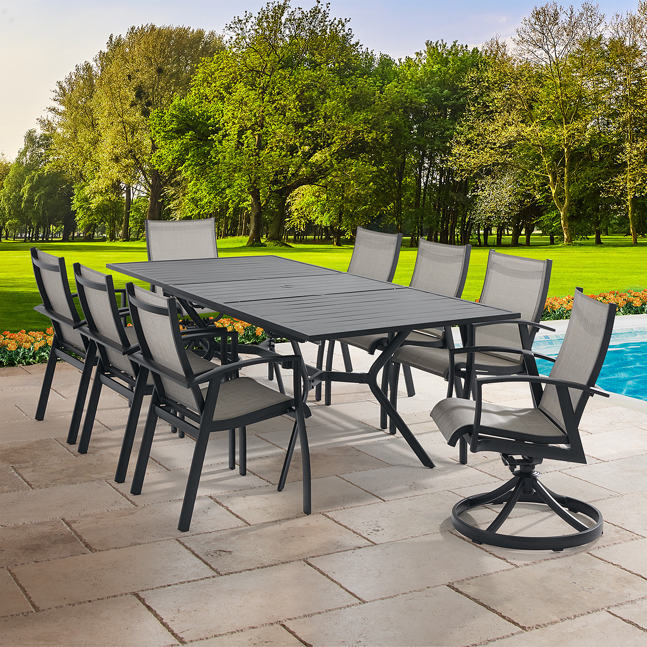 Ventura Textured Black Aluminum with Mica Pearl Sling 9 Piece Combo Dining Set + 74-94 x 44 in. Table