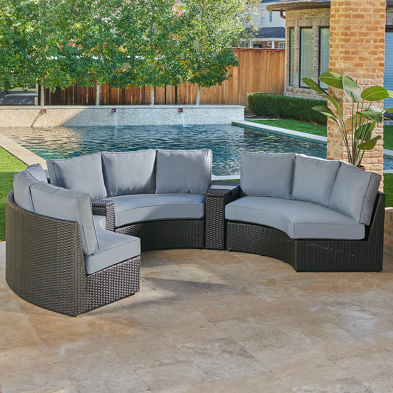 San Lucas Dark Elm Outdoor Wicker with Cushions 5 Piece Sofa Contour Sectional Group -