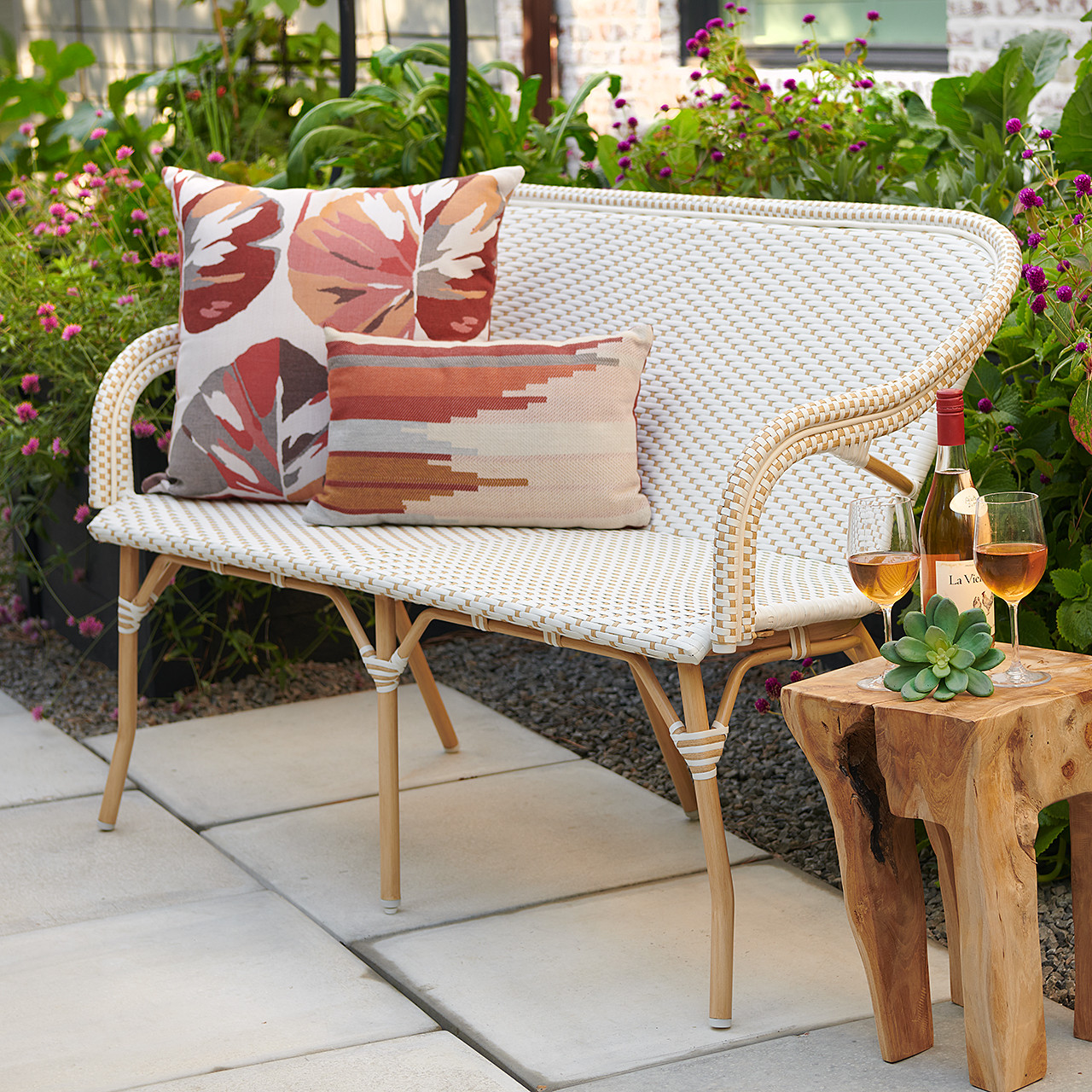 Parisian Cafe Cane Aluminum with Outdoor Wicker Bench