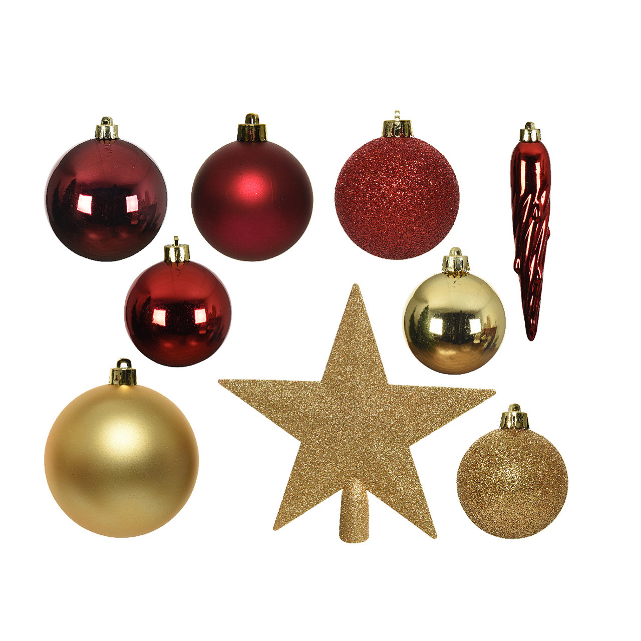 Assorted Red and Gold Shatterproof Christmas Ornaments with Gold Star Tree Topper, Set of 33