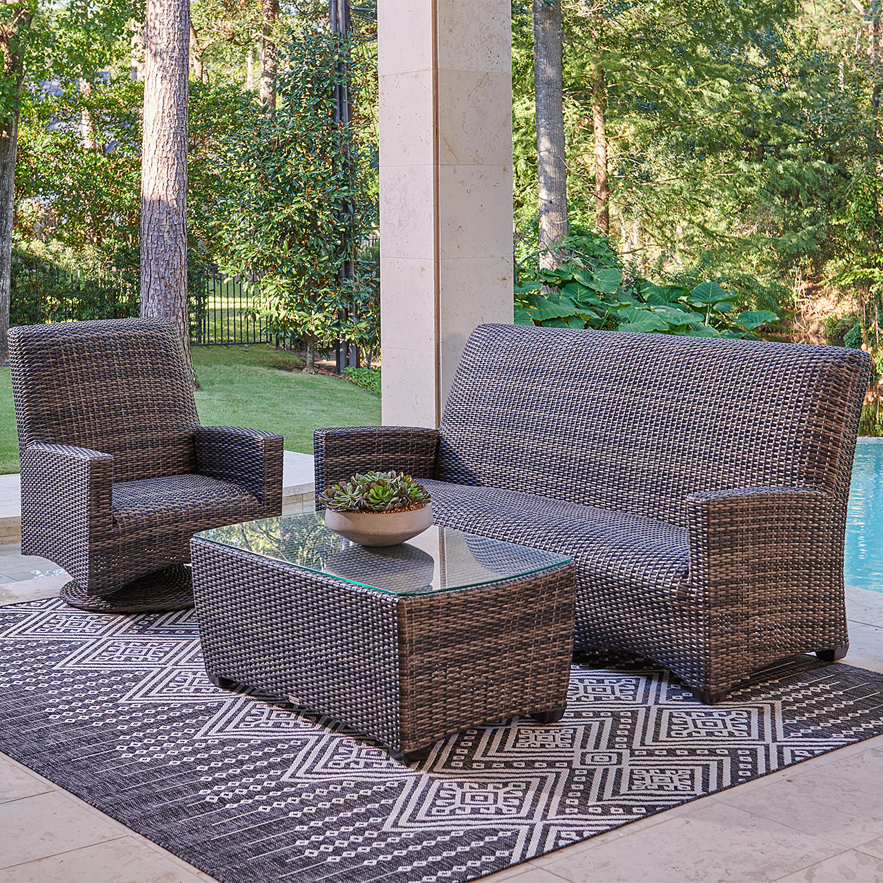 Tribeca Husk Outdoor Wicker with Concealed Cushions 3 Piece Swivel Sofa Group + 48 x 26 in. Coffee Table
