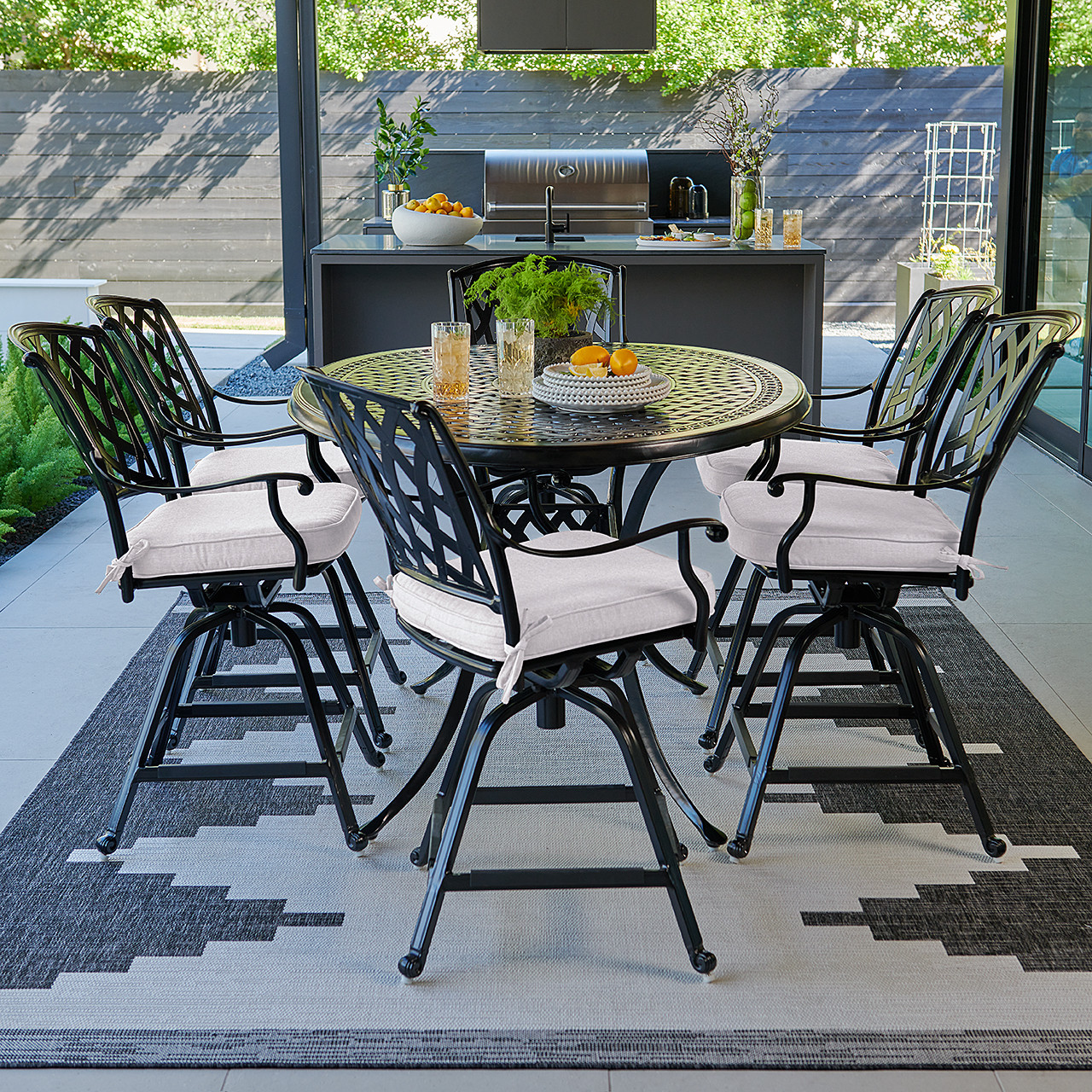 Tivoli Matte Black Cast Aluminum with Cushions 7 Piece Swivel