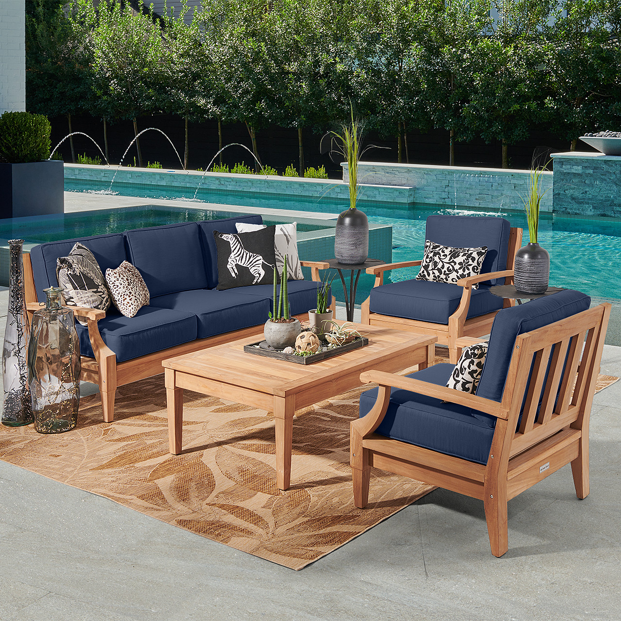 Grand Banks Teak with Cushions 4 Piece Sofa Group + 47 x 31 in. Coffee Table Grand Banks Teak with Cushions 4 Piece Sofa Group + 47 x 31 in. Coffee Table