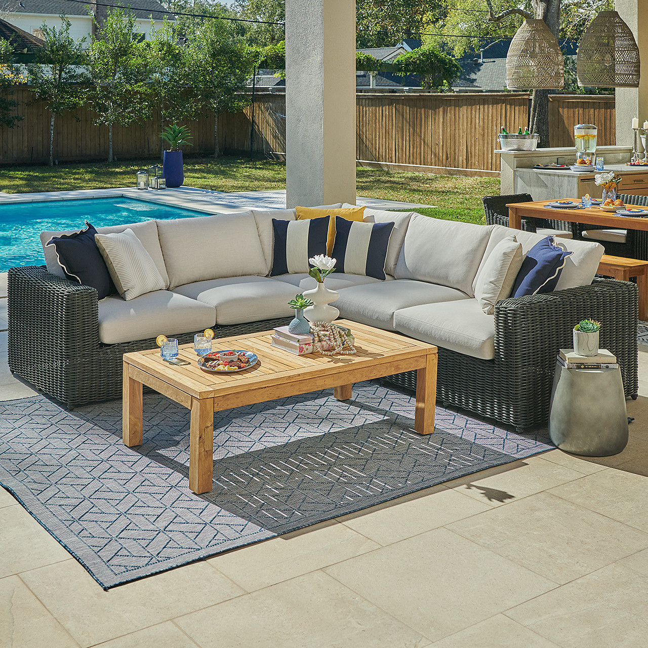 Laguna Smoke Outdoor Wicker and Solid Teak with Cushions 4 Piece Sectional + 55 X 31 in. Coffee Table