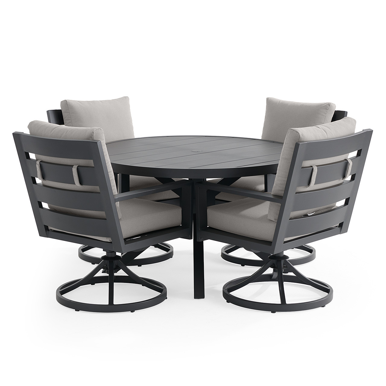 Montecito Charcoal Aluminum with Cushions 5 Piece Swivel Dining Set + 48 in. D Table