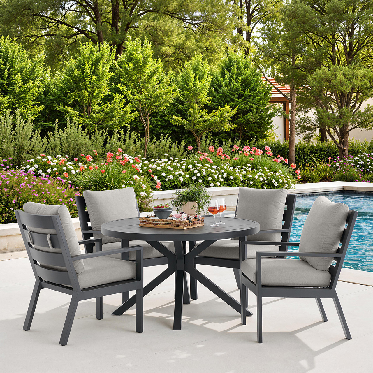 Montecito Charcoal Aluminum with Cushions 5 Piece Dining Set + 48 in. D Table